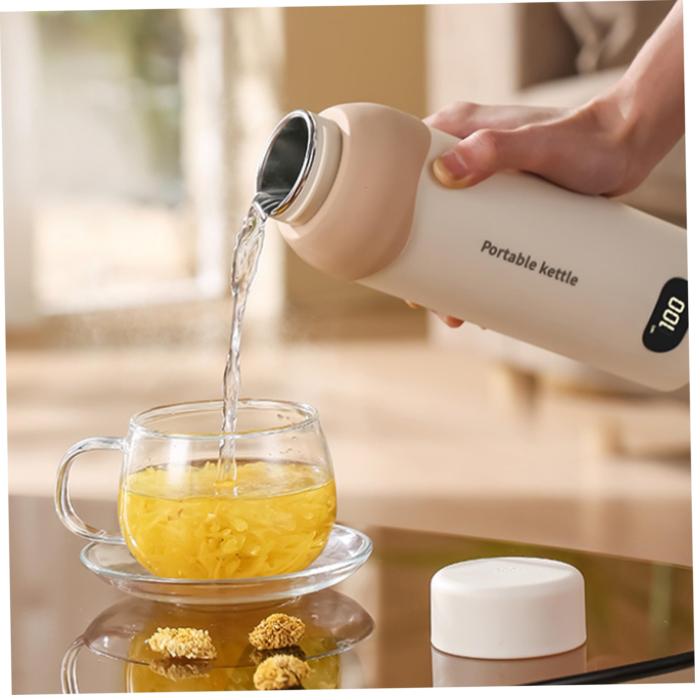 Bouilloire électrique portable, bouilloire de voyage 500 ml avec 6 réglages de température, double alimentation USB-C/220 V, maintien au chaud 12 h, acier inoxydable 304, électrique portable blanch