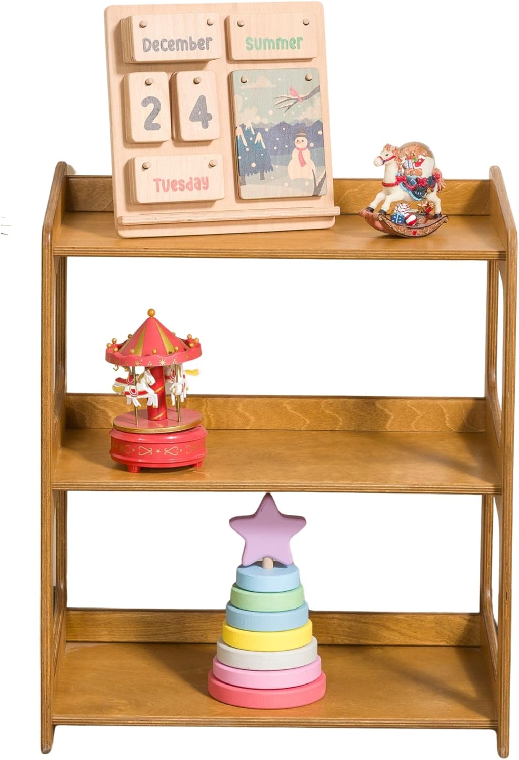 Montessori Bookshelf for Toddlers Solid Wood Toy Storage Shelf Organizer for Playroom and Classroom Floor Bookshelf for Kids Room (Oak, 3-Shelves)