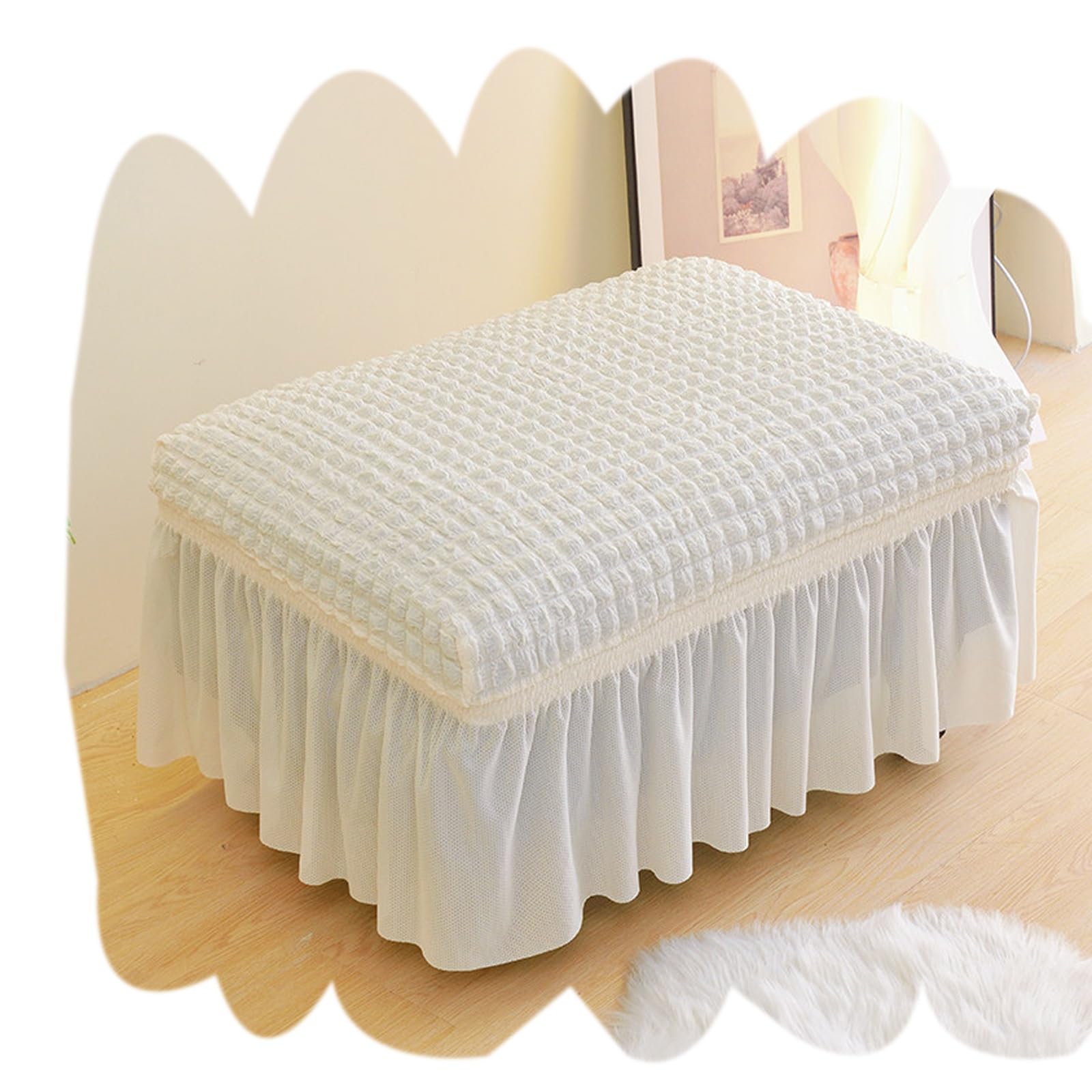 Couverture ottomane stretch blanche 90-130cm avec jupe à volants pour protège-pouf rectangulaire