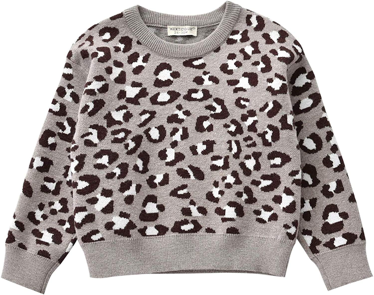 FIOMVA Toddler Baby Girl Boy Leopard Sweater Vest Long Sleeve/Sleeveless Pullover Top Blouse Warm Knitted Outwear Clothes (Leopard Sweater Grey,2-3T)