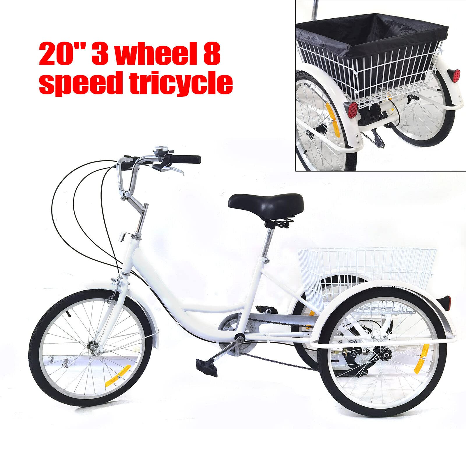 Triciclo de 20 pulgadas, bicicleta de ciudad para adultos, 8 velocidades, 3 ruedas, con campana de advertencia y cesta, para personas mayores, para altura de 5,09 – 5,58 pies
