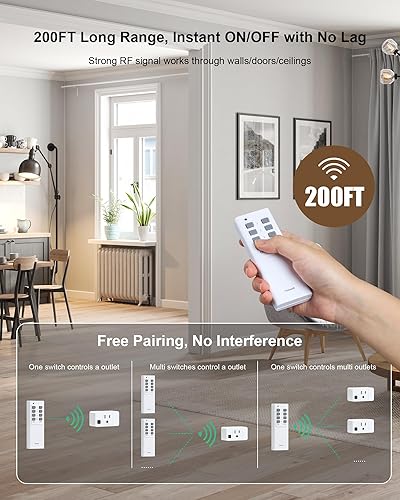 Miniatura 4 de Toma de control remoto, interruptor de luz inalámbrico de largo alcance de 200 pies, mini enchufe de toma de corriente, interruptor de alta potencia
