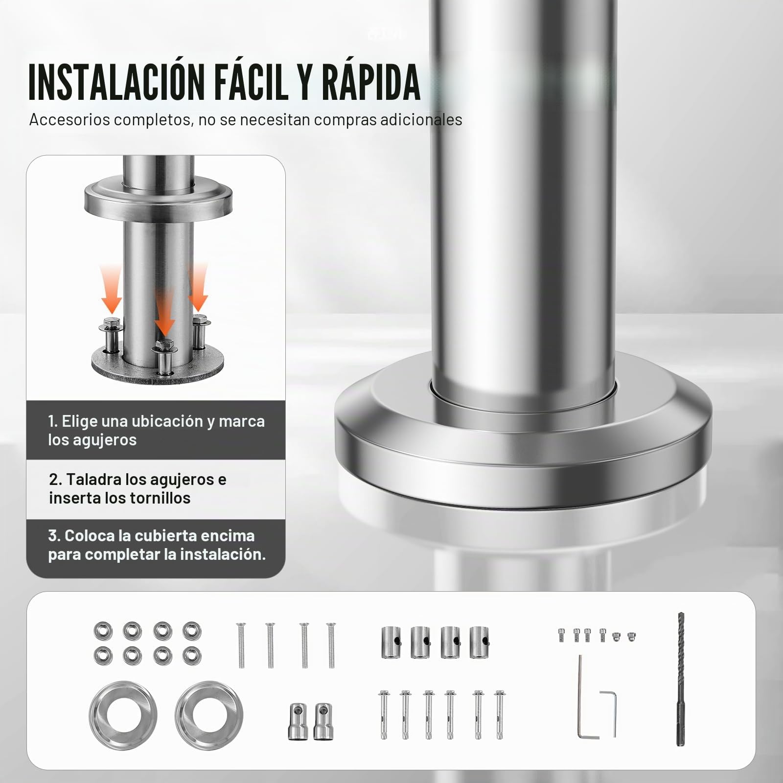 VEVOR Pasamanos de Escalera 180 cm Barandilla de Escalera para Escalones Exteriores de Acero Inoxidable 2 Travesaños con Kit de Instalación Barra de Agarre para Personas Mayores, Porche, Patio