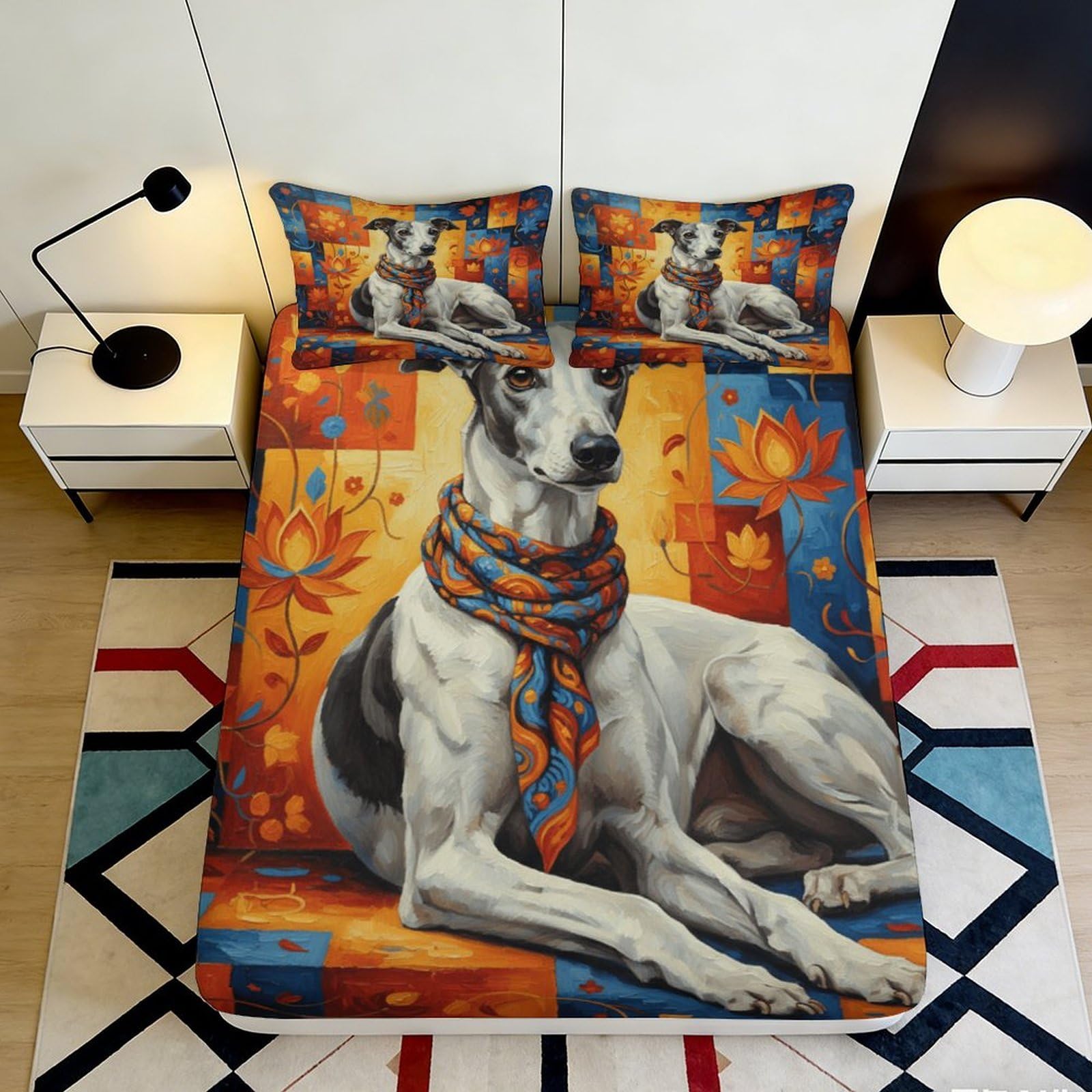 Decorative Greyhound Fitted Sheet 3D Printed Microfiber, Soft Touch, Bed Cover for Bedroom or Guest Room, Easy Care, Apartment Bedding, 112 Char 90x200x25cm