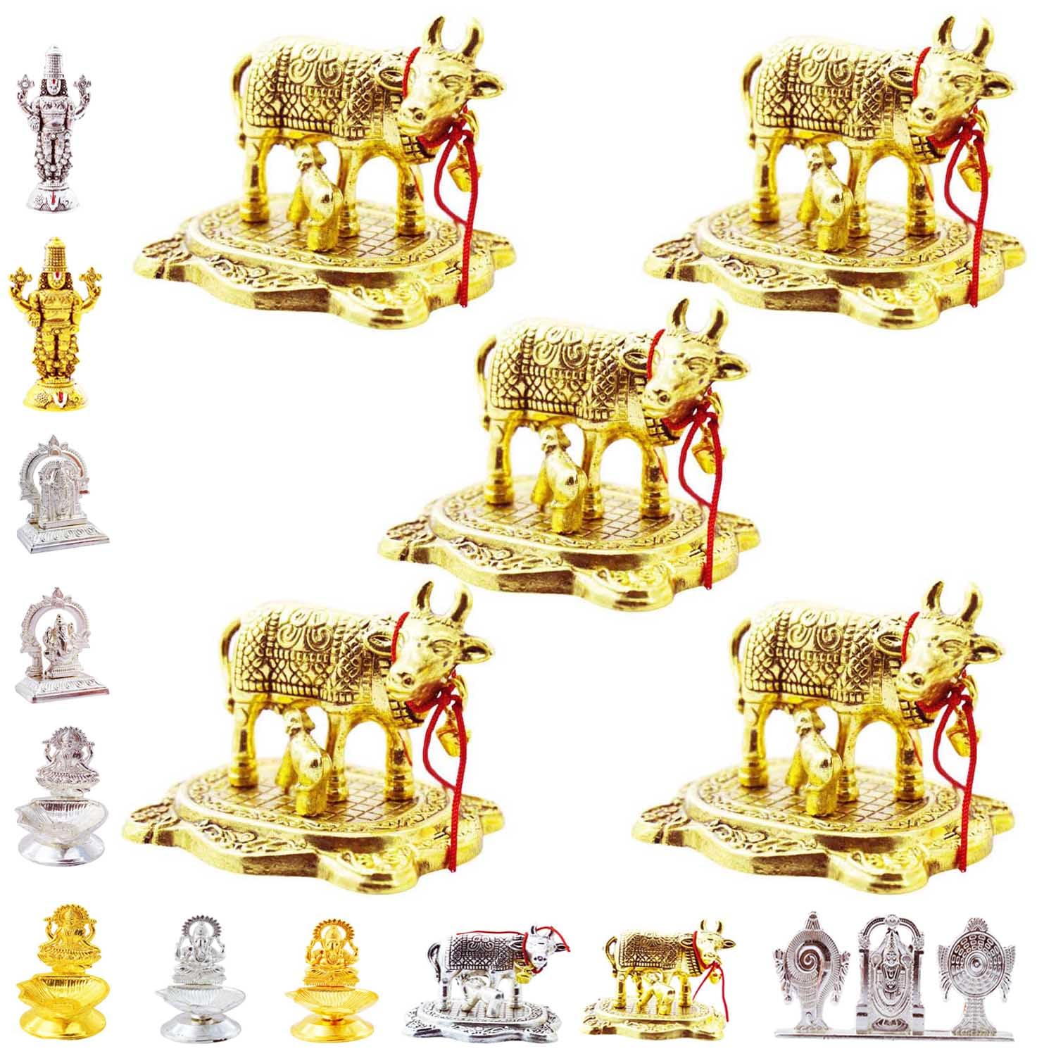 - RED WIND Decorative Cow & Calf Idol | Gold Finish | Pack of 5 | Metal Kamdhenu Figurine for Pooja, Mandir, Home Decor, Office, Vastu & Return Gifts