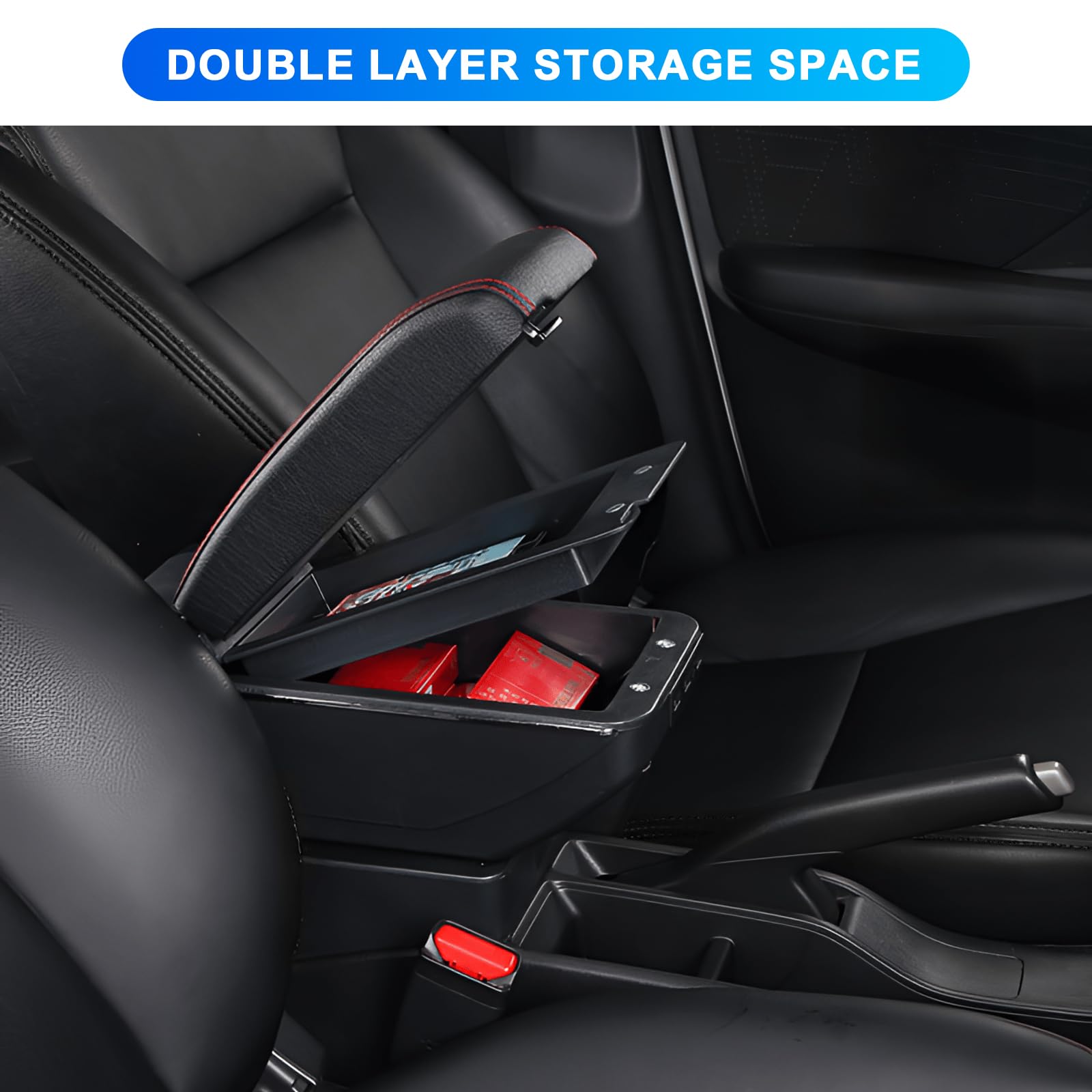 Bracciolo scatola compatibile con Opel/Vauxhall Astra H 2004-2009, con 7 USB, scatola portaoggetti a doppio strato in pelle nera - Linea rossa