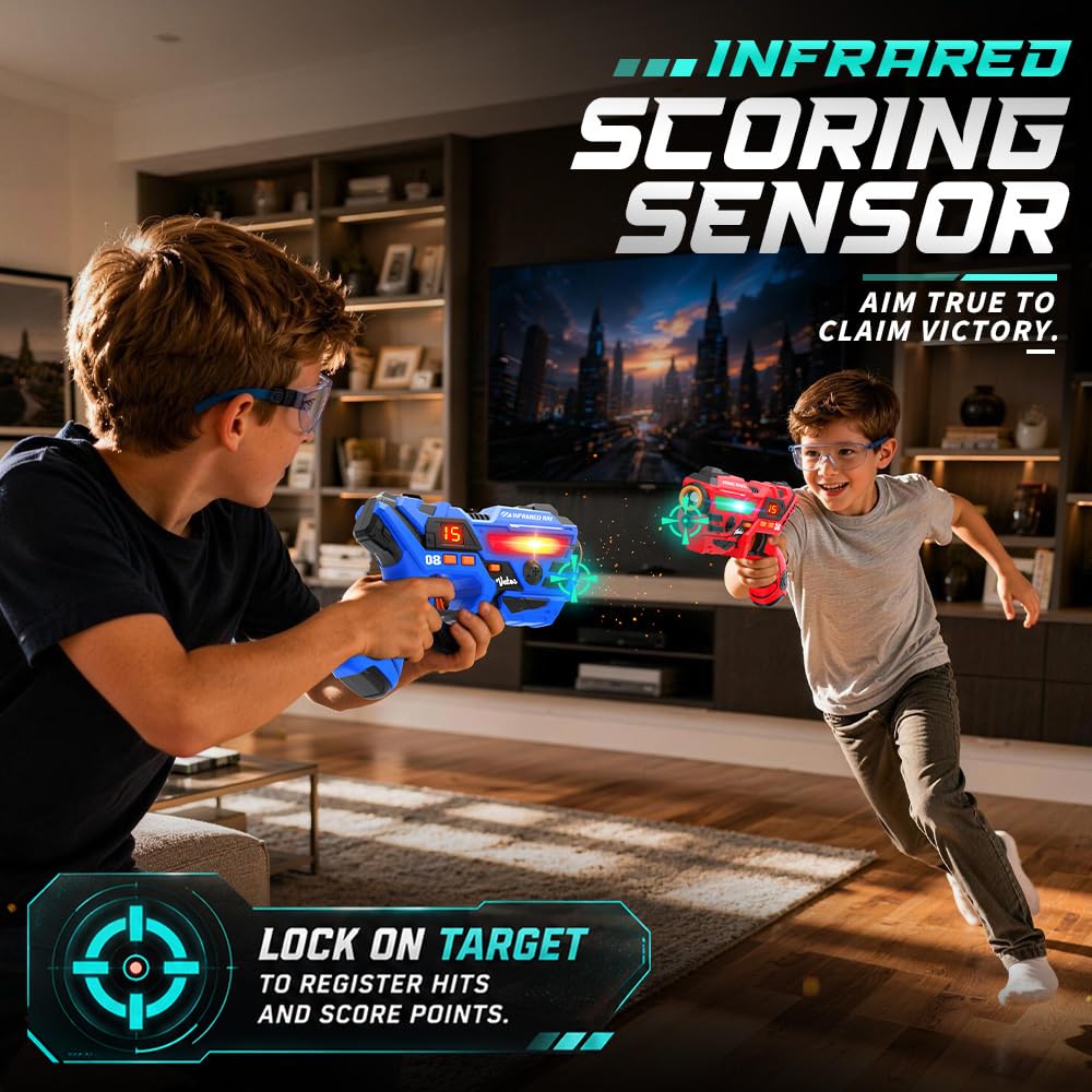 VATOS Set Laser Tag Ricaricabile 2 Pezzi, Giocattoli Pistola Laser con Schermo LED, Raggio 40 m per Interni ed Esterni - Gioco per Ragazzi e Famiglia, Regalo di Compleanno e Vacanza per Bambini 6+