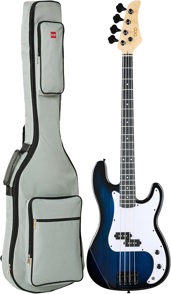 Best Choice Products Full Size Beginner 4-String Electric Bass Guitar, Wooden PB-Style Bass Starter Set w/Padded Carrying Case - Hollywood Blue/White