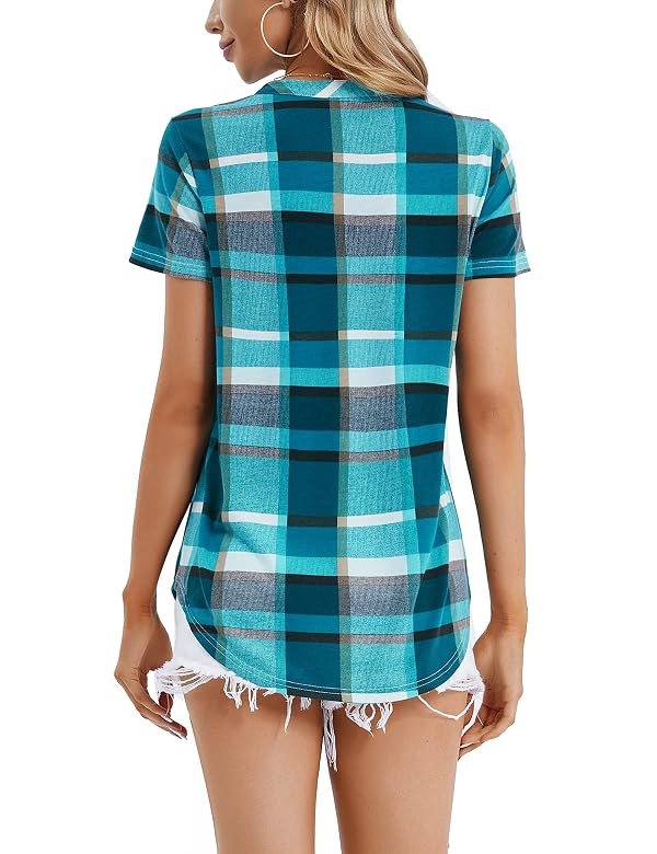 DJT Women's Summer Casual V Neck Blouses Plaid Short Sleeve Button Down Plaid Shirts Tops Turquoise Plaid XL by DJT Fashion - Used condition - Image 4
