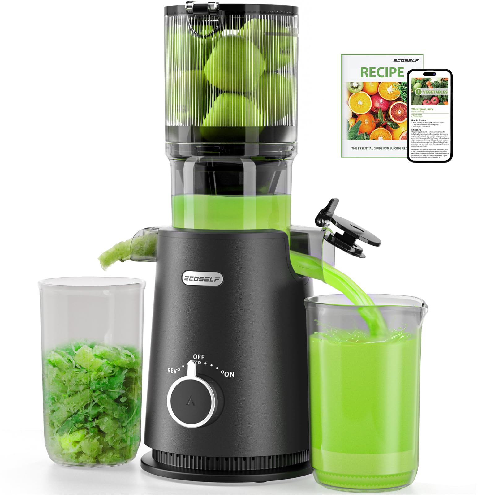Juicer Machines, ECOSELF 4.35" Large Feed Chute for Family Needs, Professional Hands Free Cold Press Juicer For Whole Fruits & Vegetables, Self Feeding for Juice Extractor Machine, Easy to Clean