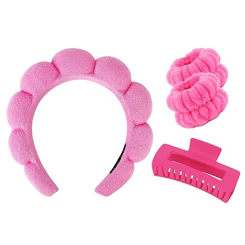 Miniatura 8 de Wecoe Juego de diadema y pulsera para el cuidado de la piel para el cuidado de la piel, pinzas para cabello grueso, esponja hinchada con burbujas