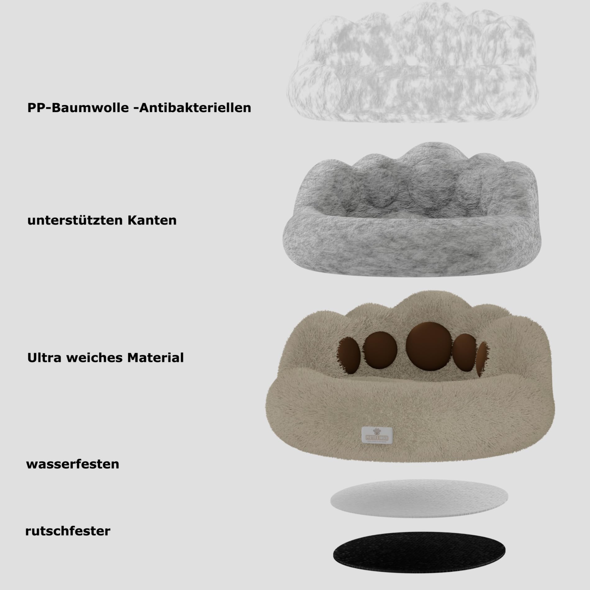 pfoten&nasen® Bärenpfote Hundebett & Katzenbett [Beige, S-65cm] – Flauschiges Donut Katzenkörbchen Waschbar, Rund & Weich – Beruhigendes Kuschelbett für Kleine Hunde, Welpen & Katzen