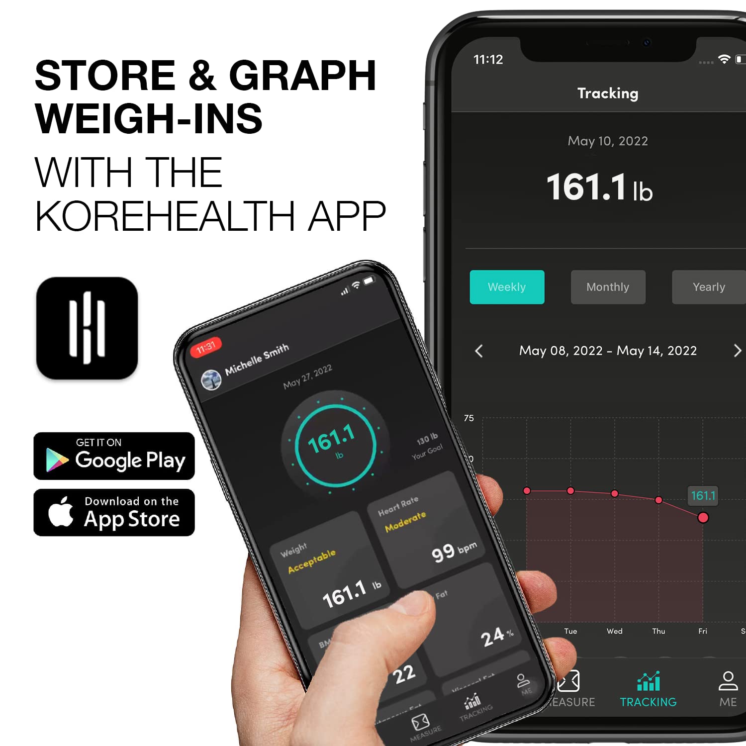 KoreHealth App download options for Google Play and App Store.