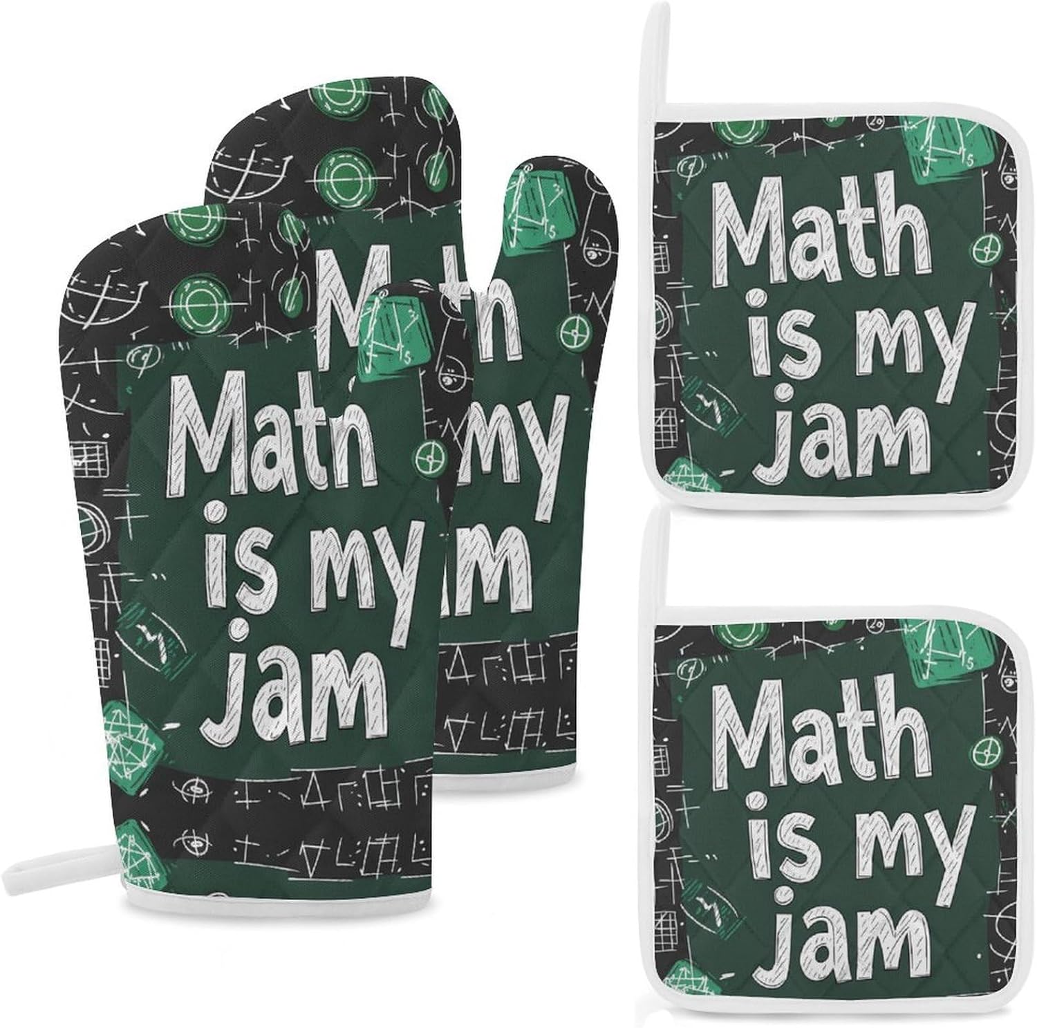 Funny Math Graphic Oven Mitts and Pot Holders 4Pcs Set Heat Resistant Cooking Mitts Hot Pads