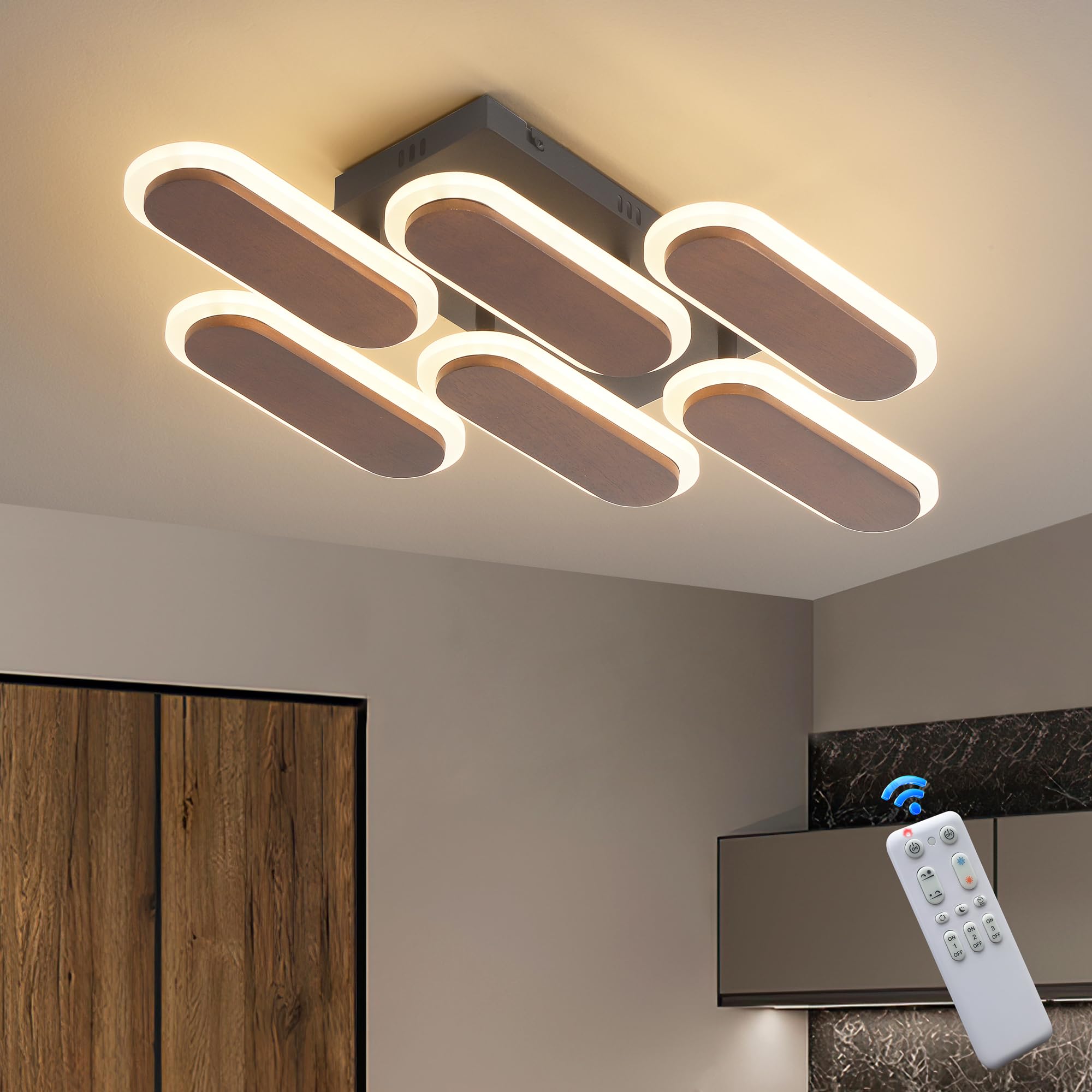 LED Deckenleuchte Holz Dimmbar, Schwarz Walnuss 6-Flammig Kreative Schlafzimmerlampe, 35W 55cm 3500lm mit Fernbedienung Farbtemperatur 3000-6000K, Helligkeit 10-100%, 4W Nachtlicht, Memory-Funktion