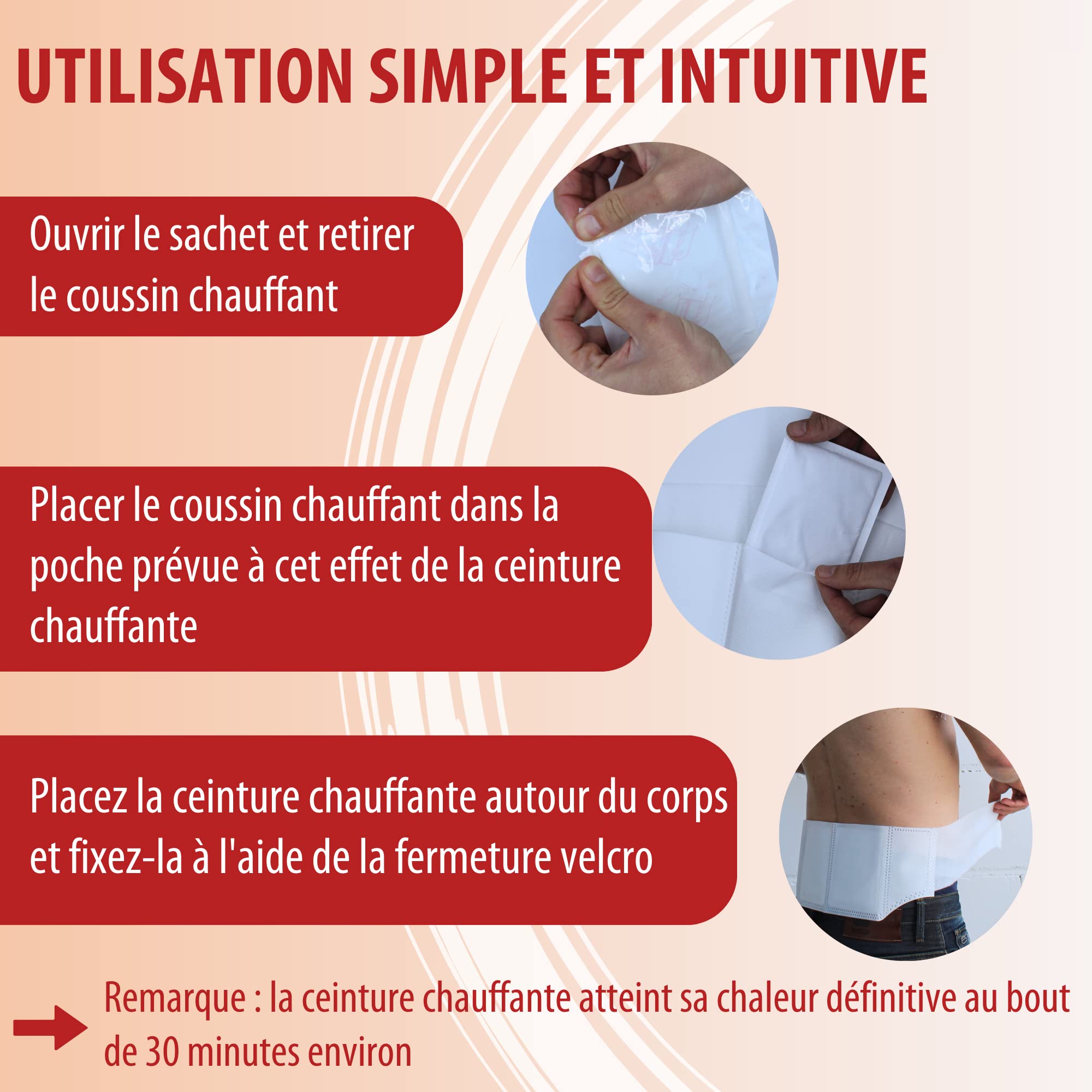 Evolsin - Ceinture chauffante médicale pour le traitement des douleurs musculaires du dos - 12h de chaleur thérapeutique profonde pour détendre et relâcher les muscles (6 + 1 applications)