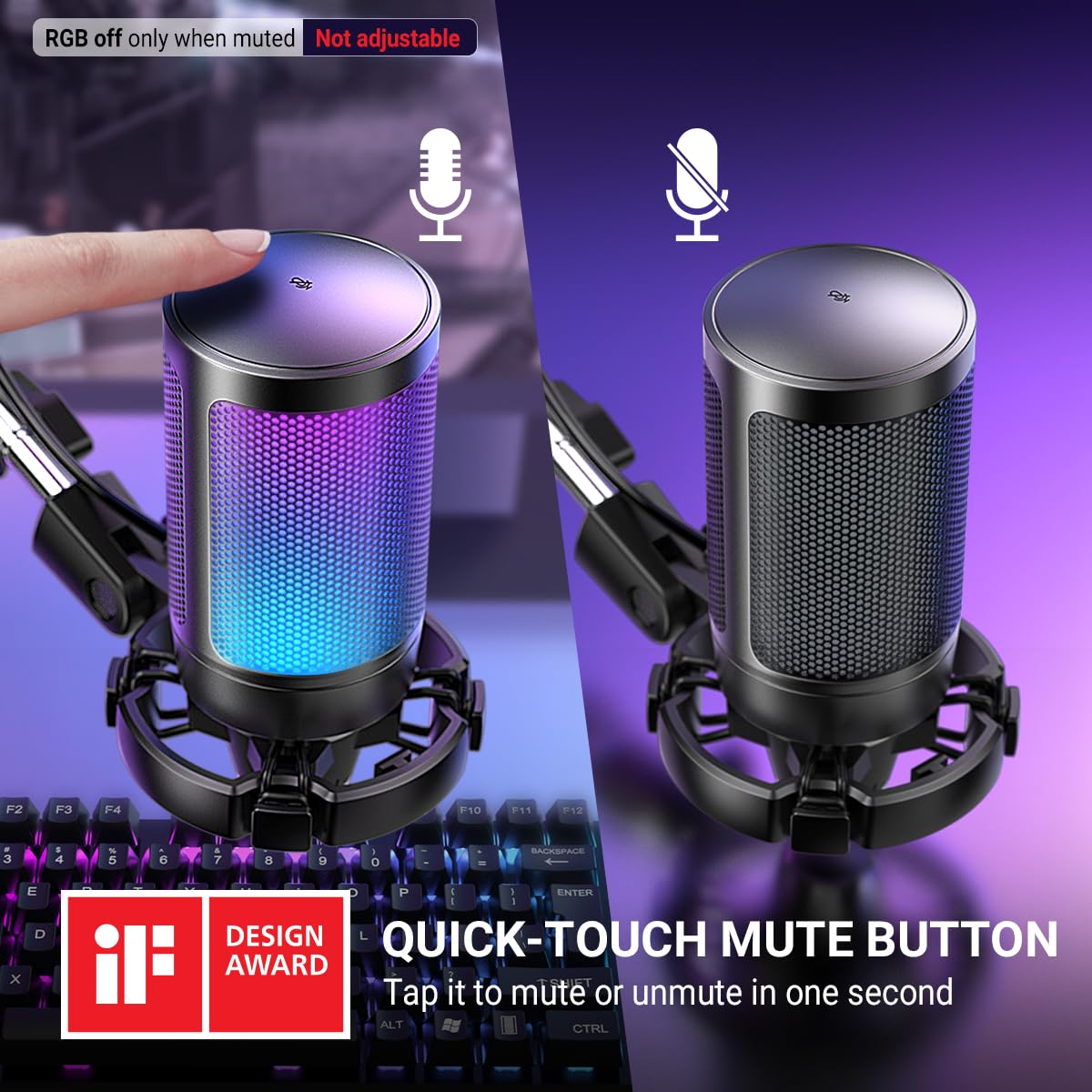FIFINE Microfono USB per PC da gioco, microfono a condensatore podcast con braccio a braccio, filtro pop, pulsante mute per streaming, Twitch, chat online, microfono RGB per computer per PC Gamer