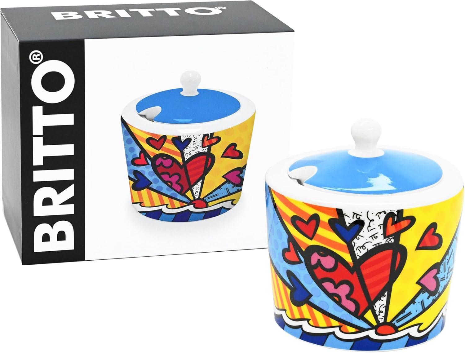 Britto Bone China Sugar Bowl with Lid | Colorful Coffee Bar Accessories, Seasoning Pot Box, Ceramic Salt Pepper Organizer, Farmhouse Kitchen Decor | 10.4 oz (New Day (Multicolor))