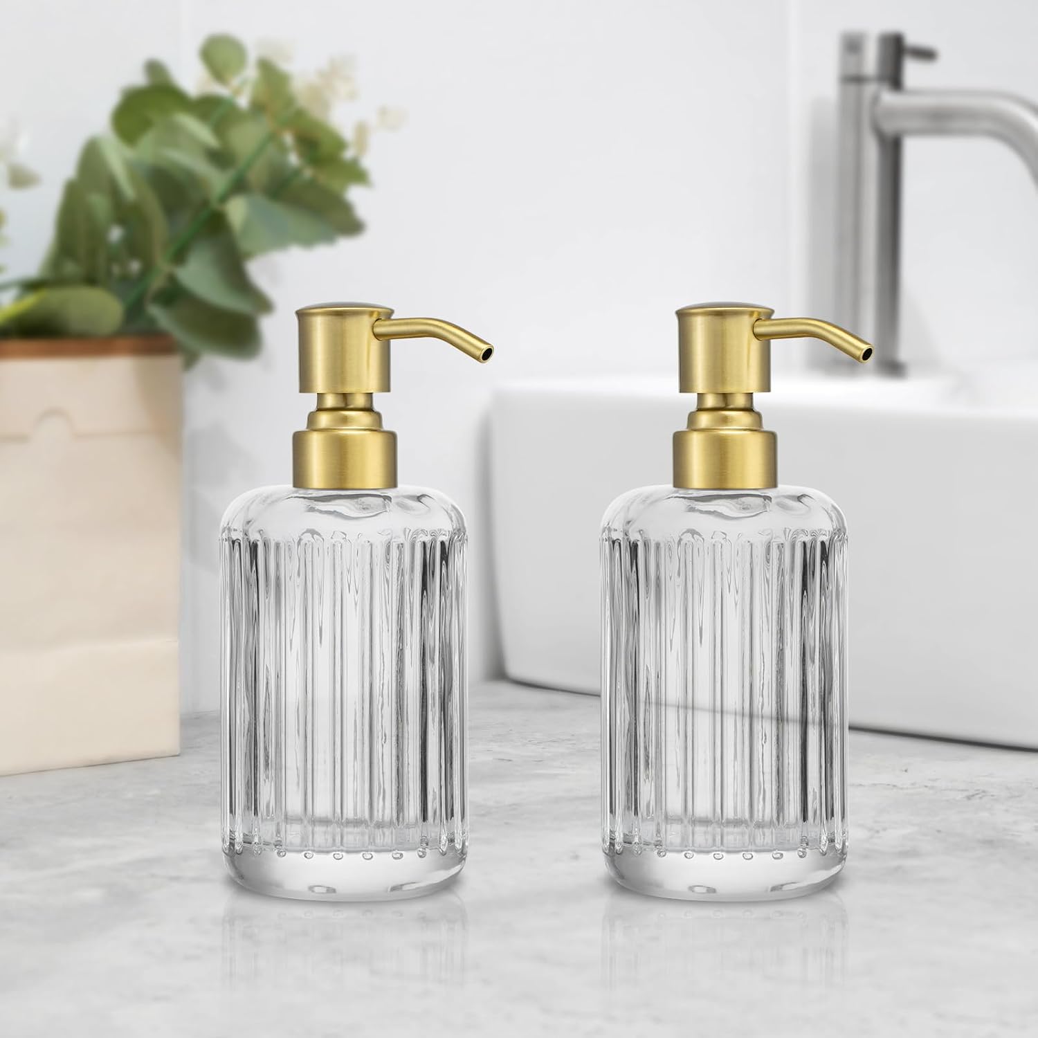 2 Pack Brushed Gold 304 Stainless Steel Soap Dispenser Pump Replacement Standard 28/400 Thread for Regular Mouth Bottles Lotion Soap for Kitchen Bathroom