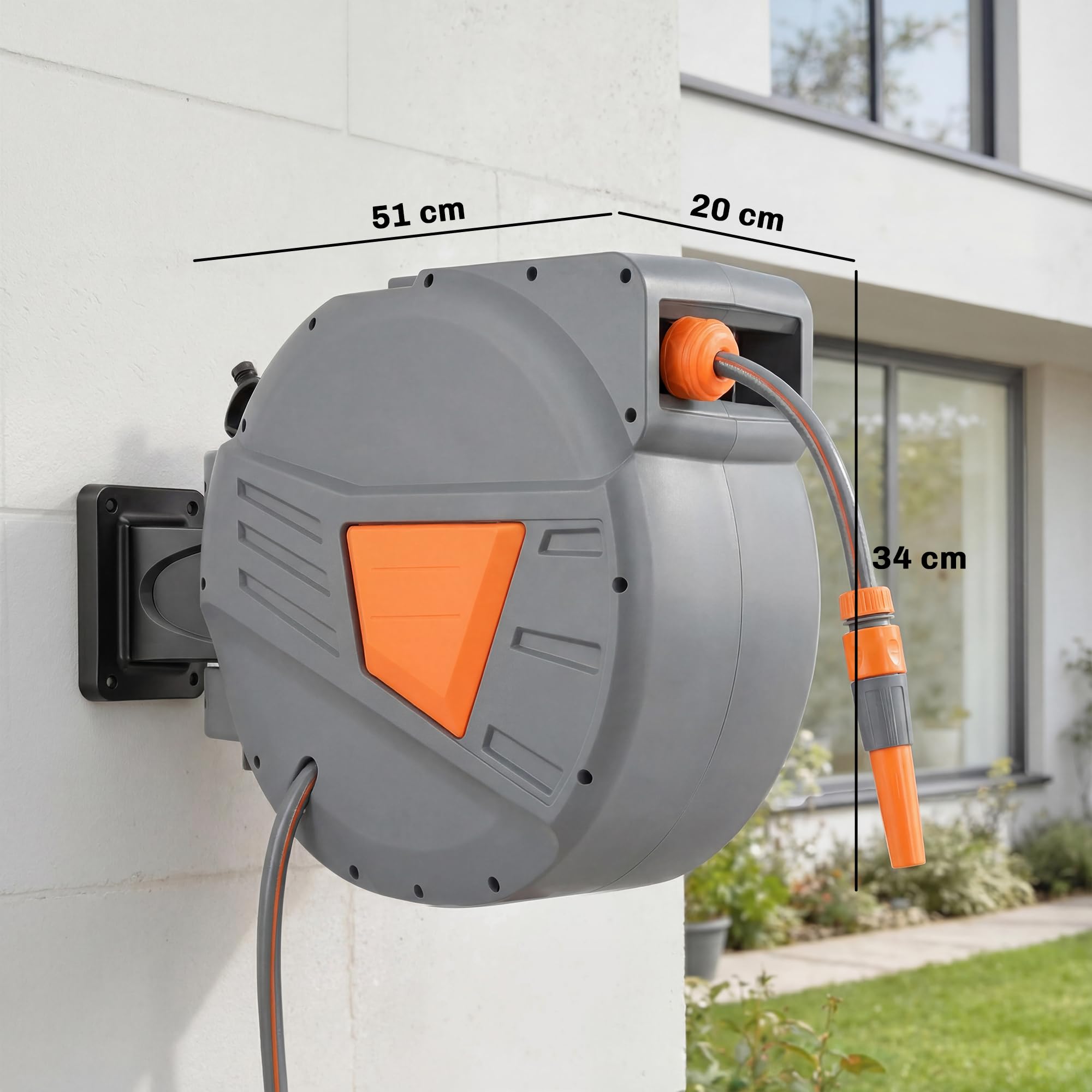 Outsunny Enrollador de Manguera para Jardín 20+1,6 m con Boquilla de 2 Modos, Carrete de Manguera de Jardín de Pared con Bloqueo Automático y Retracción Controlada, Soporte Orientable 180°, Naranja