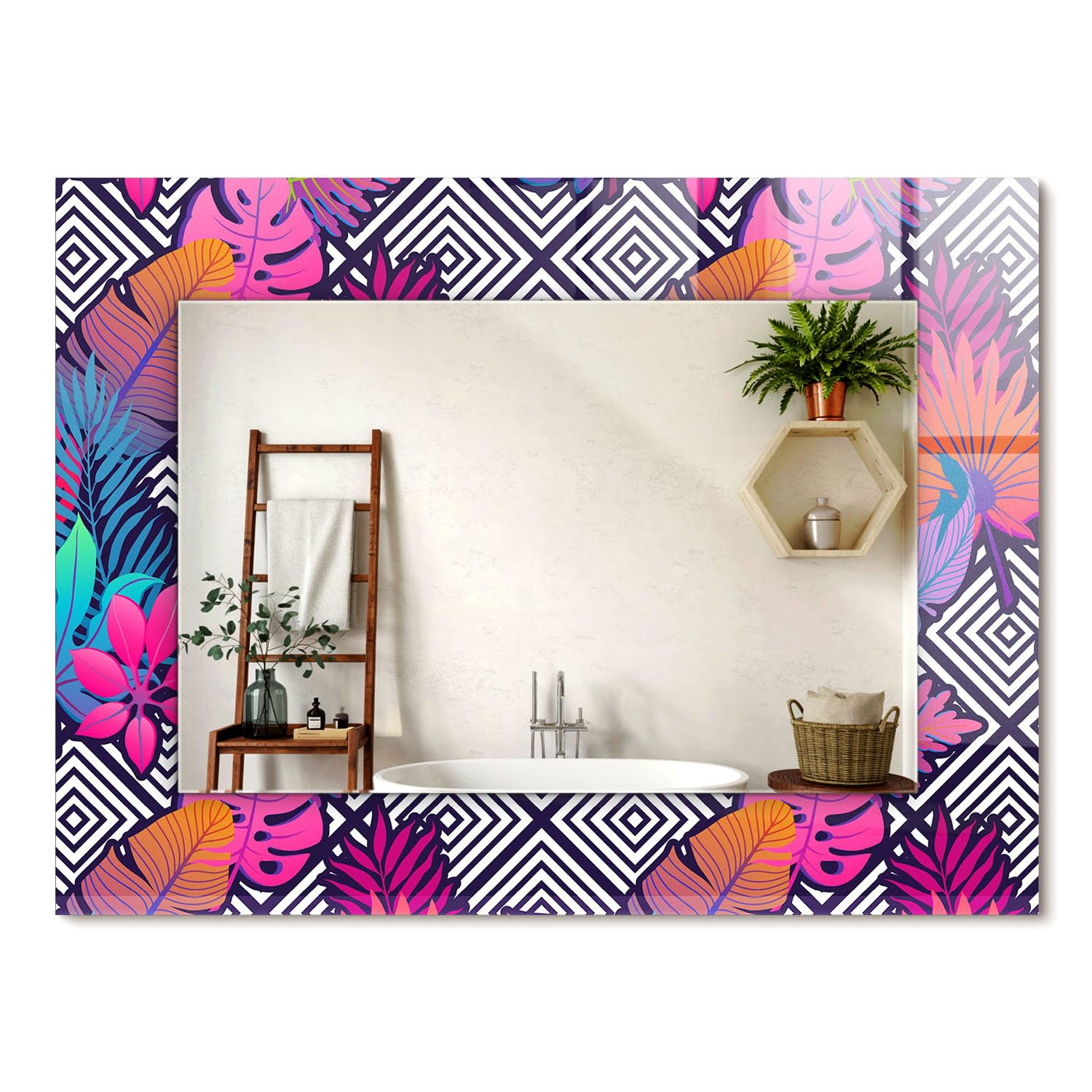 Déco murale moderne avec le grand miroir cadre graphique tropical pour entrée stylée