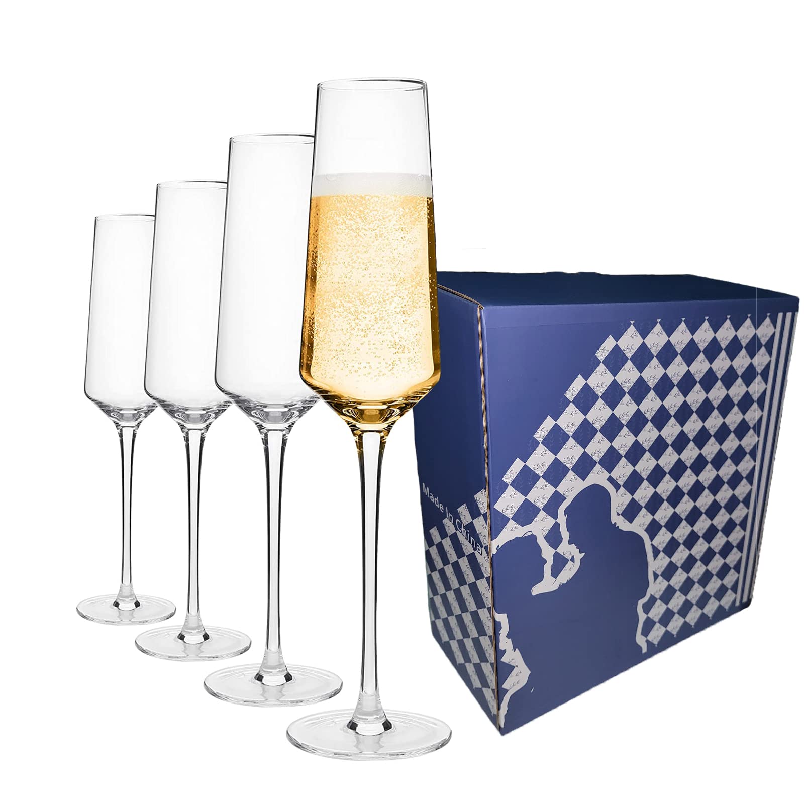 Crystal Champagne Flutes, Square Champagne Glasses Set of 4 Wine Glasses, Modern Elegant Gifts for Wedding, Anniversary, Christmas, Birthday Premium Lead-free
