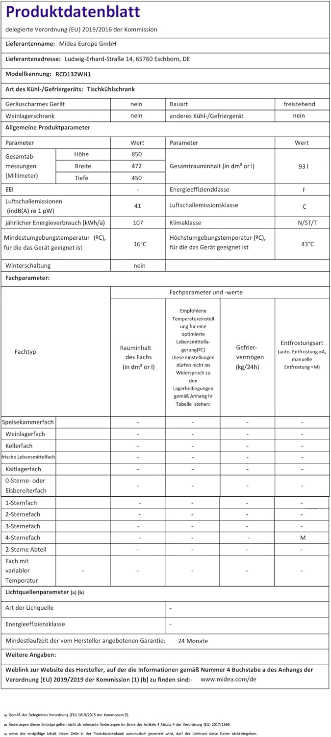 Comfee RCD132WH1 - Frigorifero, altezza 85 cm, 107 kWh/anno, 93 L, colore: Bianco [Classe di efficienza energetica F]