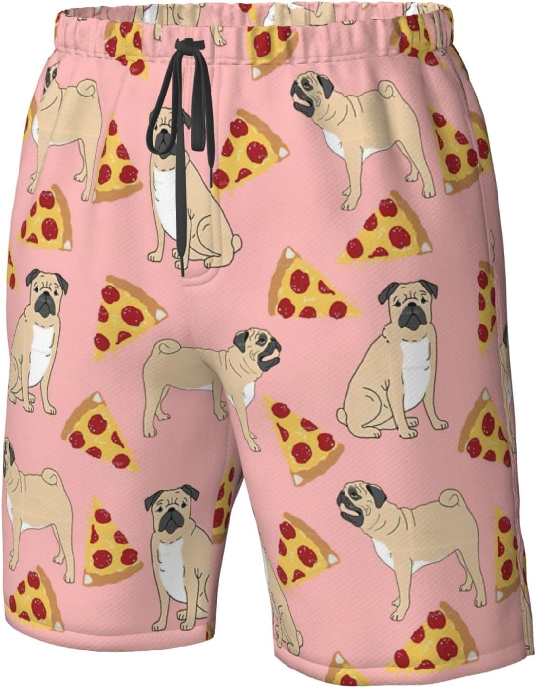 Pug Pizza Print Men's Hawaiian Beach Shorts Elastic Novelty Summer Casual Shorts with Pocket