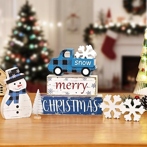 Miniatura 4 de Yinhua - Adornos Navideños para Interiores, Decoración de Mesa Navideña, Adornos de Muñeco de Nieve de Camión Azul con Árbol de Navidad y Copos de