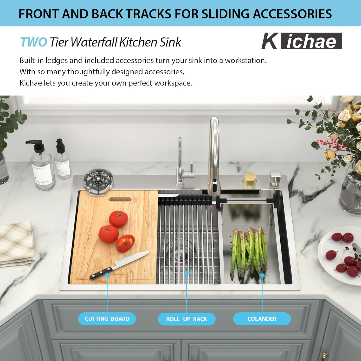 Kichae Waterfall Kitchen Sink Drop In - Kitchen Sink 36x22 Drop In Waterfall with Hot & Cold Water Stainless Steel 16 Gauge Handmade Single Bowl Workstation Sinks with Faucet Combo & Glass Rinser