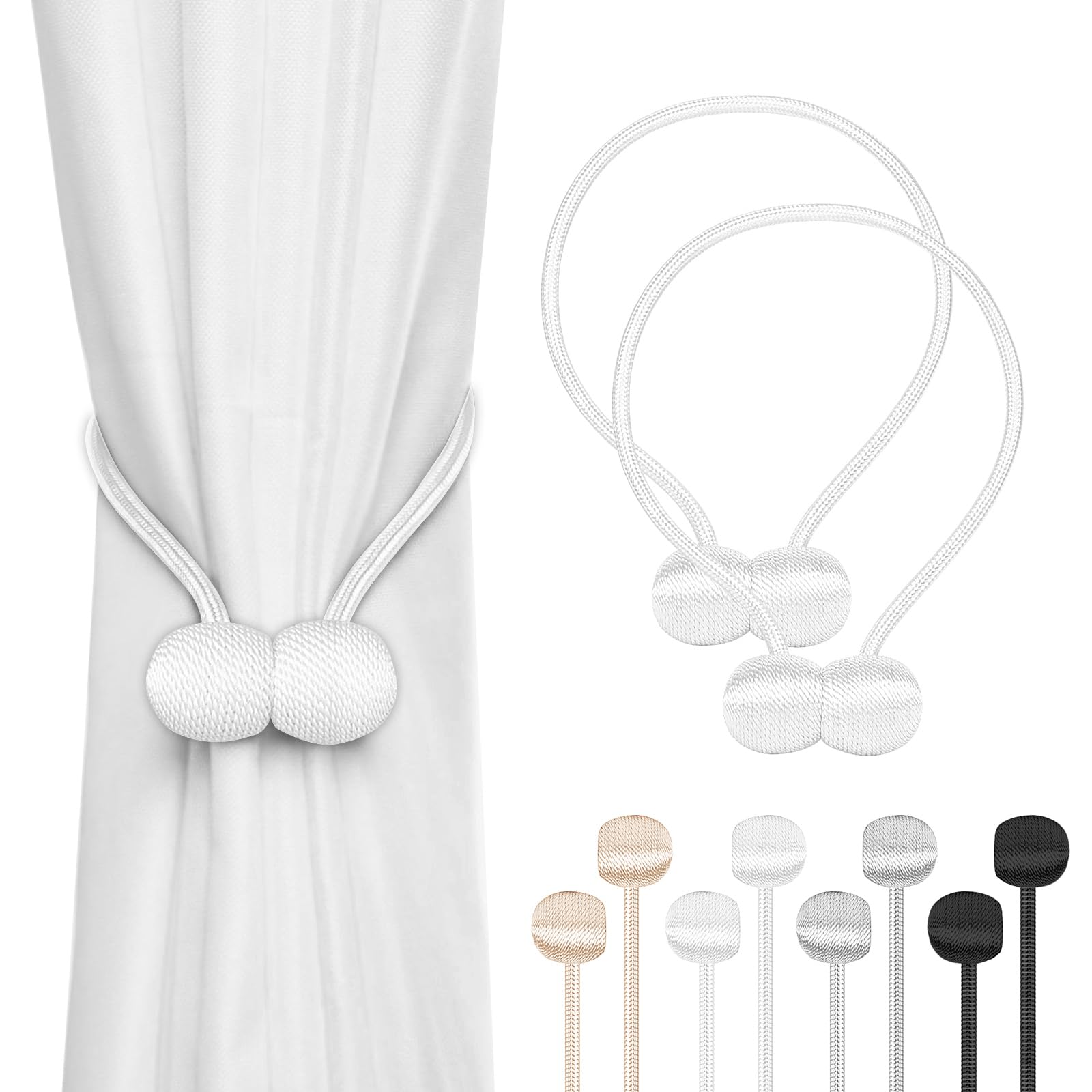 Magnetic Curtain Tiebacks Biege 4 Pack, Curtain Tie Backs Holdbacks Holders Hooks Clip Buckles for Curtains Drapes, Curtain Ties for Home Bedroom Office Decorative Curtain(White)