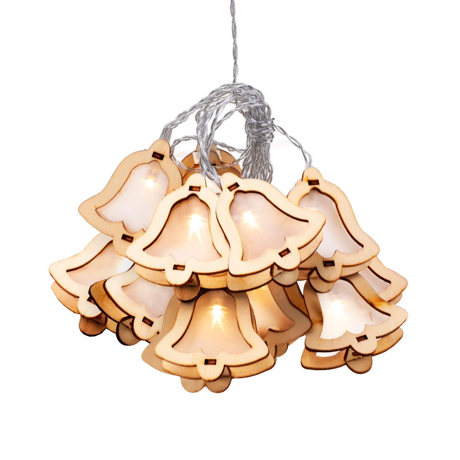 DecoKing 10 LED Fairy Lights with Timer Bells Wood Warm White Static Battery Operated LED Garland Wooden Bell
