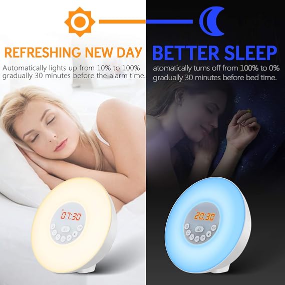 Sunrise Alarm Clock Wake Up Light - Upgraded Version with Sunrise/Sunset Simulation, Dual Alarms, Snooze Function, 6 Colors Atmosphere Lamp, 6 Natural Sounds and FM Radio