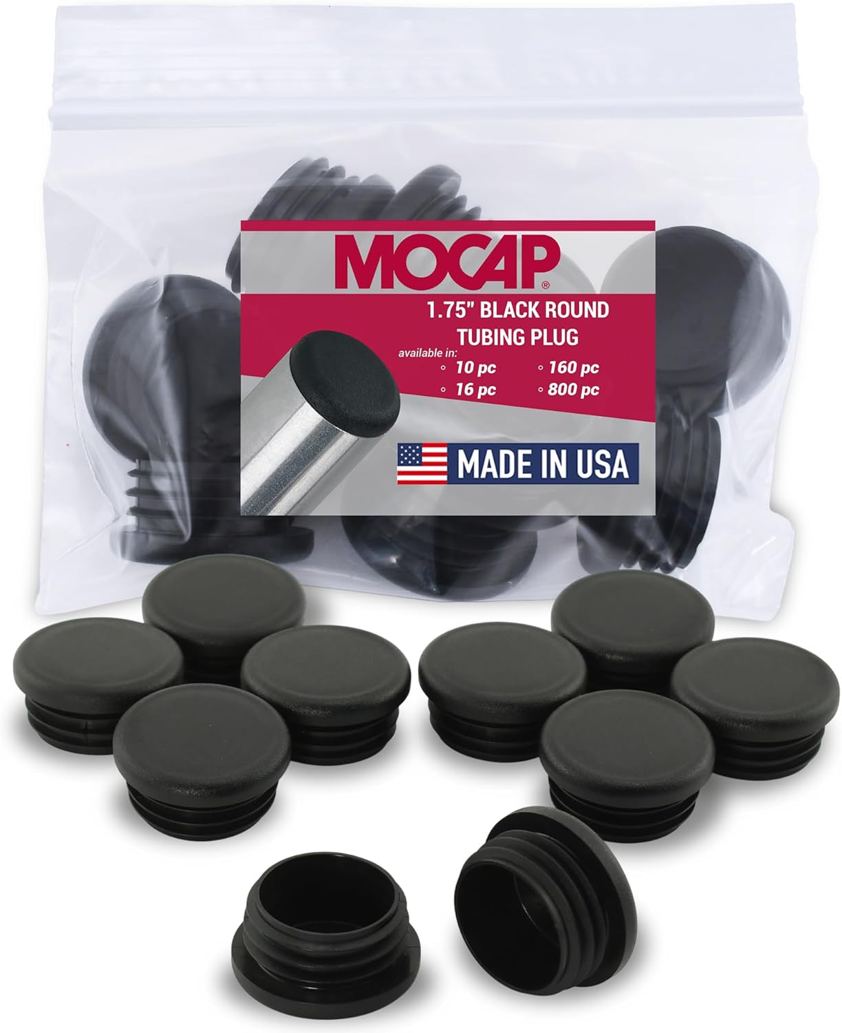 Plugs for Round Tubes - Round Tubing Plug - for 1.750" (1-3/4") Tubes - Tube Wall: .035-.083" (20-14ga) - Flat - Black LDPE RN1.75CBK1 (qty16)