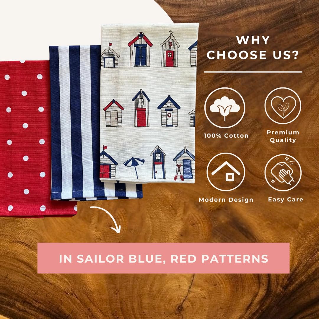 100% Cotton Kitchen Towel, Set of 3 Kitchen Napkins, Beach House Print