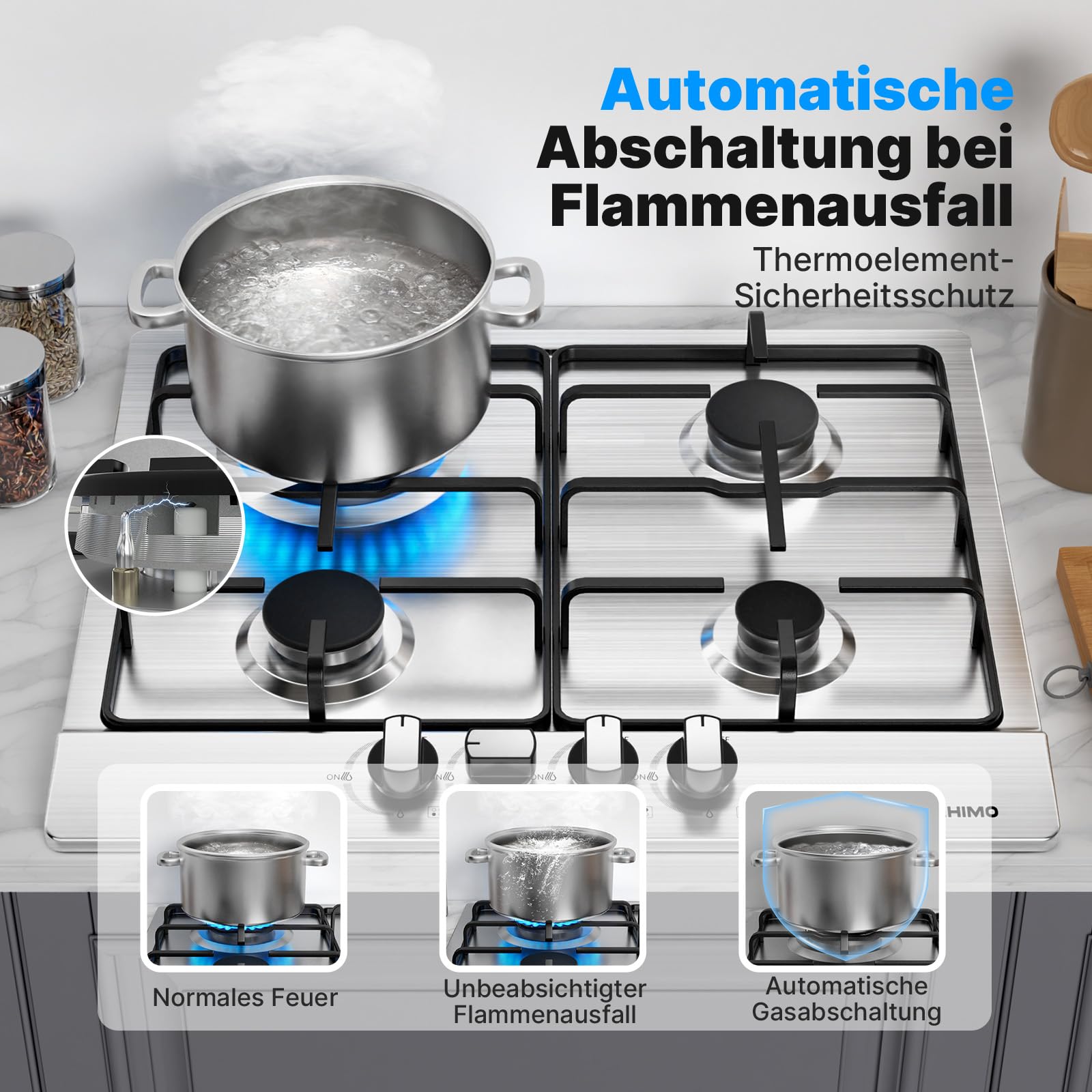 WEHIMO Domino płyta gazowa, 4-palnikowa płyta gazowa do zabudowy, 59 cm, 7200 W, 4 strefy grzewcze (2700 W + 1750 W + 1750 W + 1000 W), do wszystkich garnków