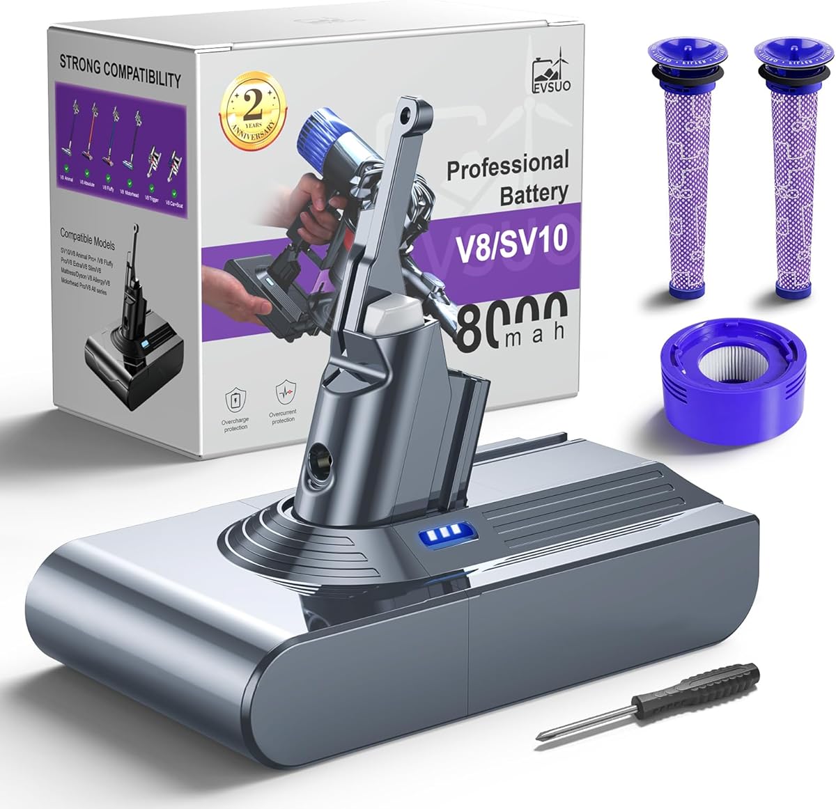 8000mAh Replacement Battery for Dyson V8 Animal/Absolute/Motorhead/Fluffy/SV10 OEM Compatible Cordless Vacuum Cleaner Battery with 3 Filters (1 Rear + 2 Front)Premium Upgrade for Dyson V8 Series