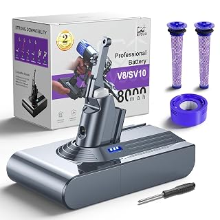 8000mAh Replacement Battery for Dyson V8 Animal/Absolute/Motorhead/Fluffy/SV10 OEM Compatible Cordless Vacuum Cleaner Battery with 3 Filters (1 Rear + 2 Front) Premium Upgrade for Dyson V8 Series - Amazon product rated Grade A