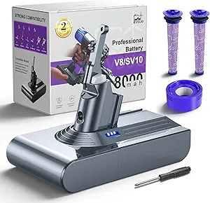 8000mAh Replacement Battery for Dyson V8 Animal/Absolute/Motorhead/Fluffy/SV10 OEM Compatible Cordless Vacuum Cleaner Battery with 3 Filters (1 Rear + 2 Front)Premium Upgrade for Dyson V8 Series