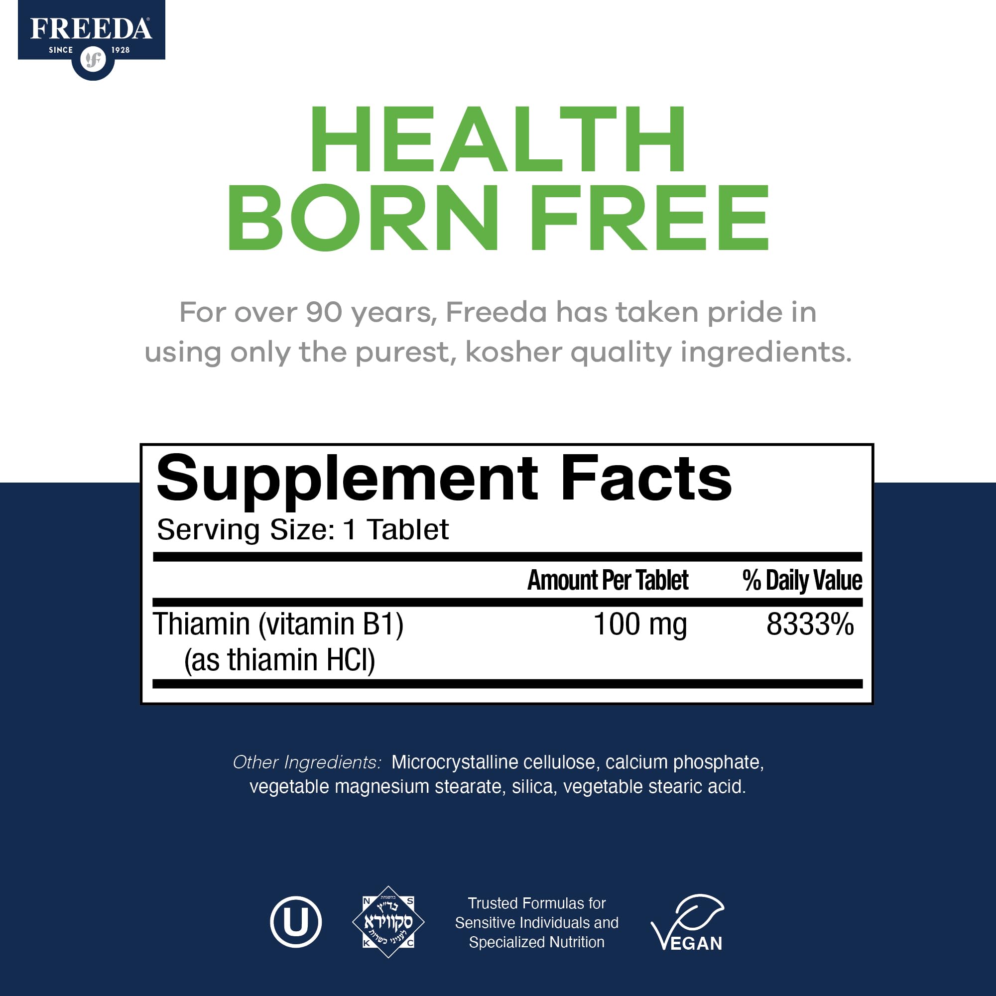 Freeda Vitamin B1 Thiamine 100mg - Supports Energy Metabolism, Nervous System Health - Kosher, Vegan, Gluten Free - Thiamin HCl 100 mg Vitamin B 1 - Pure Vit B1 Vitamin Thiamine B1 Supplement (100 Ct) — Amazon image 3