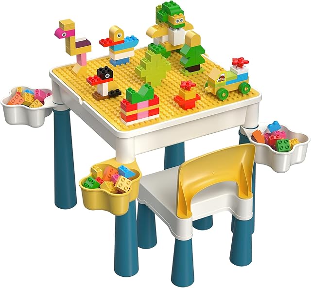 burgkidz Kids Building Blocks Table and Chair Set, Multi-Activity Table with 1 Chair and 130 Pieces Large Building Blocks, Creativity Bricks Compatible Construction Toys for Boys and Girls
