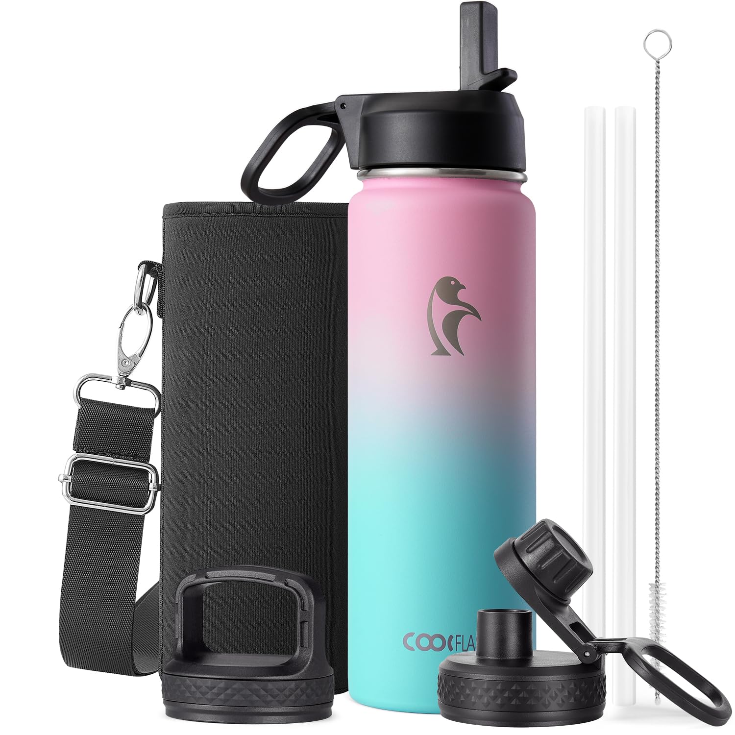 Coolflask Borraccia termica da 590 ml, con cannuccia, in acciaio inox, con 3 coperchi, imboccatura larga, per sport o ufficio, senza BPA, mantiene il freddo fino a 48 ore o caldo fino a 24 ore, motivo