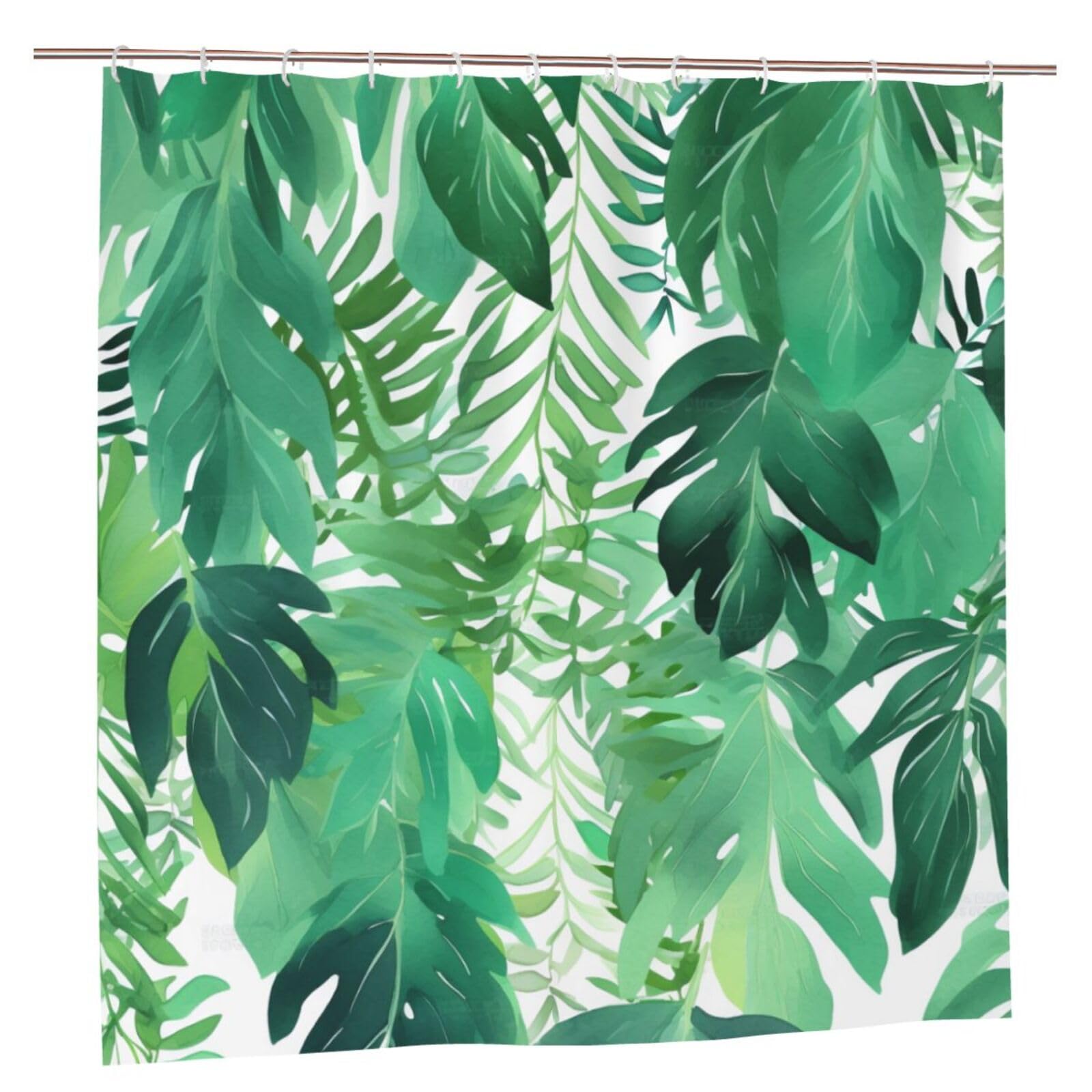 BWWHCCTI Tropical Green Leaves Printed Shower Curtain With 12 Plastic Hooks Opaque Quick Drying Waterproof Shower Curtains Sets For Bathroom 183x183 CM