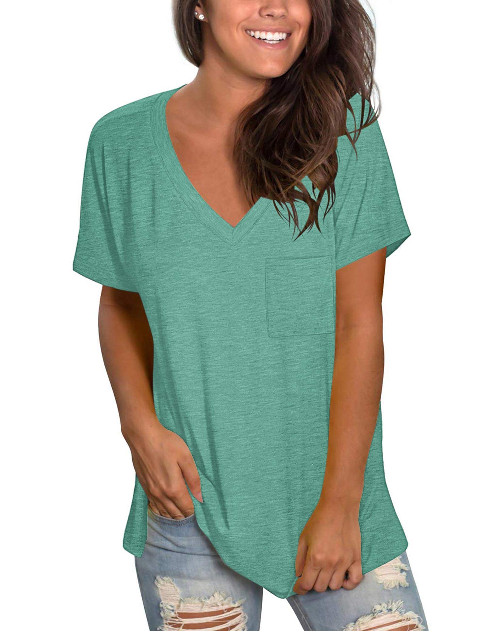 MOLERANI Camisetas para Mujer de Manga Corta con Cuello en V Camisetas Sueltas de Verano Camisetas básicas de túnica con Bolsillo