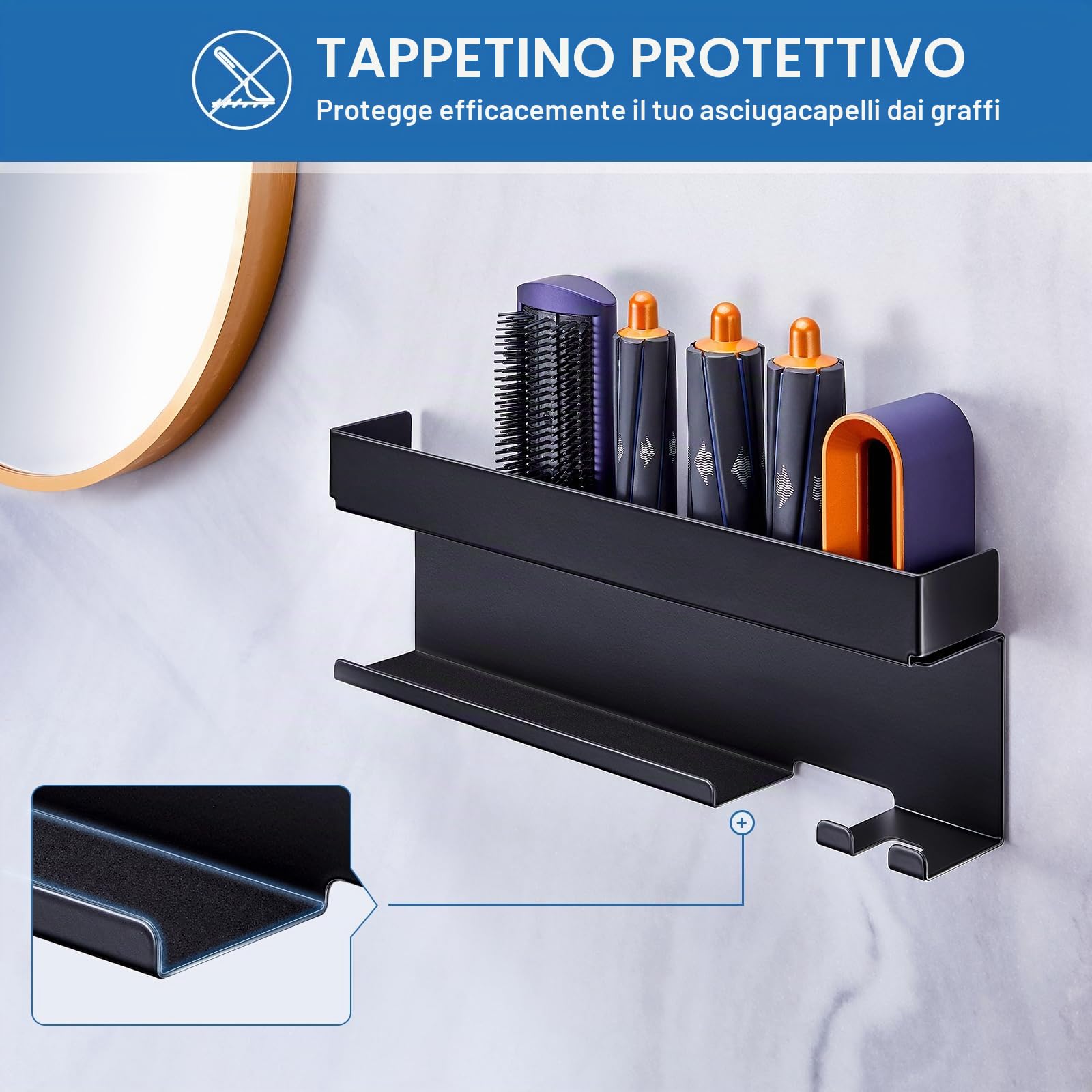Supporto Phon Da Parete, Lo Stent Asciugacapelli È Adatto Per Gli Accessori Styler Curling Device, Supporto Autoadesivo Per Asciugacapelli, Porta Phon Bagno (Nero)