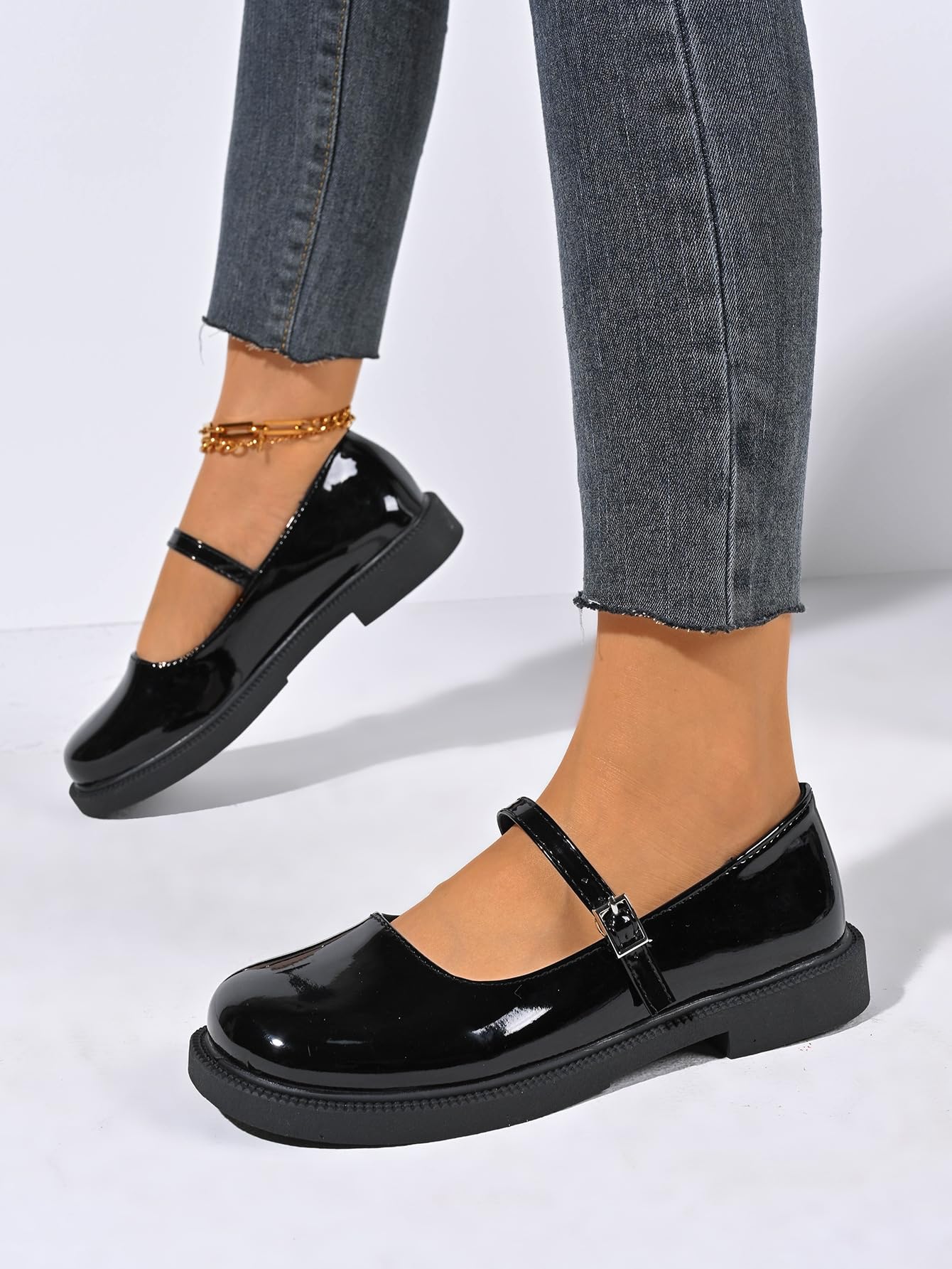Mary Jane Chaussures de ballet orthopédiques confortables en cuir verni avec bout rond Noir