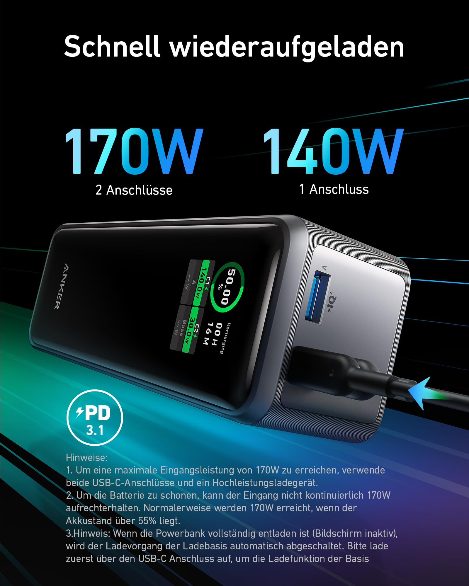 Anker Prime 27.650mAh Power Bank (250W), 3-Port Powerbank, Smarte