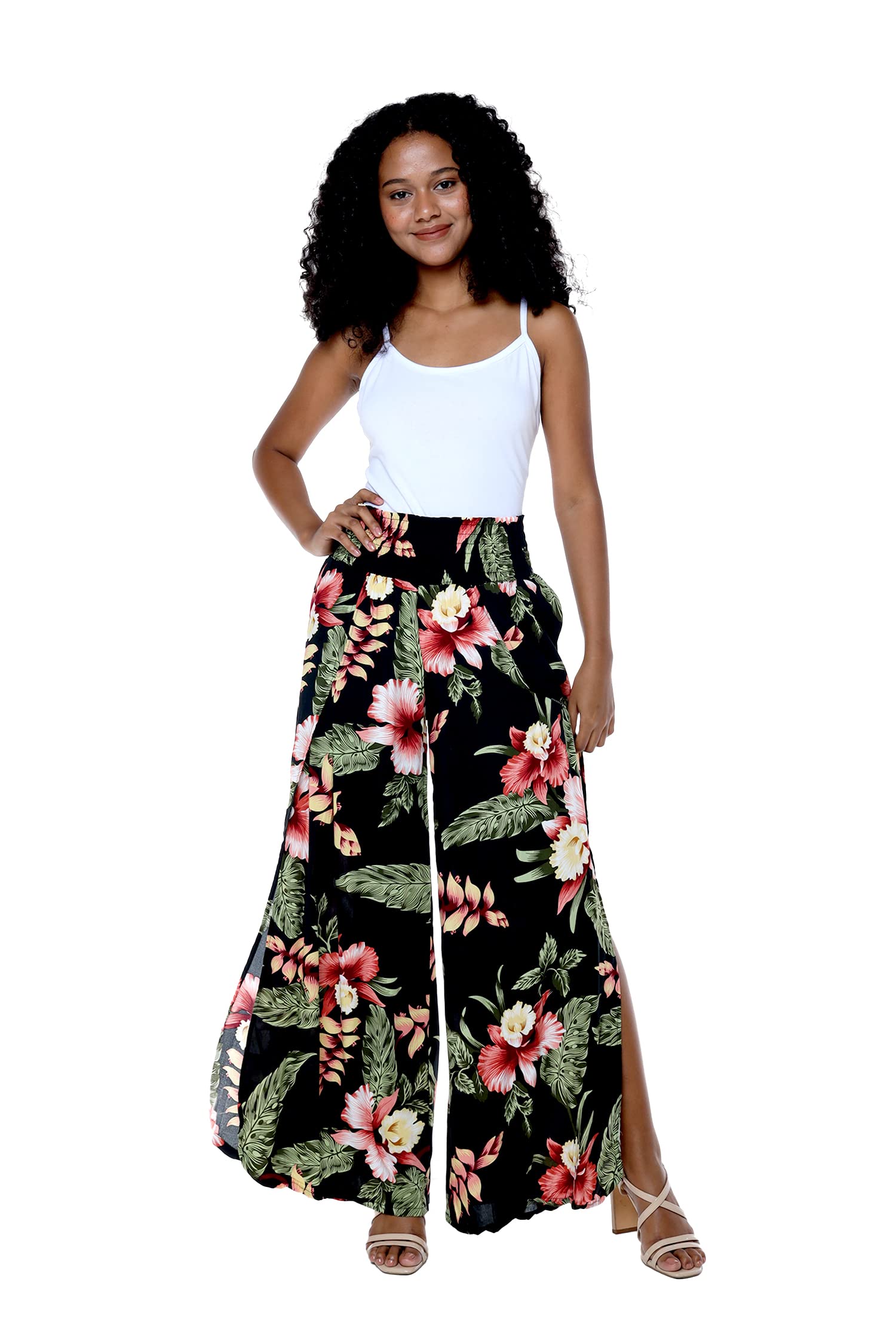 Lady High Slit Wide Leg Pants in Pacific Palm Navy