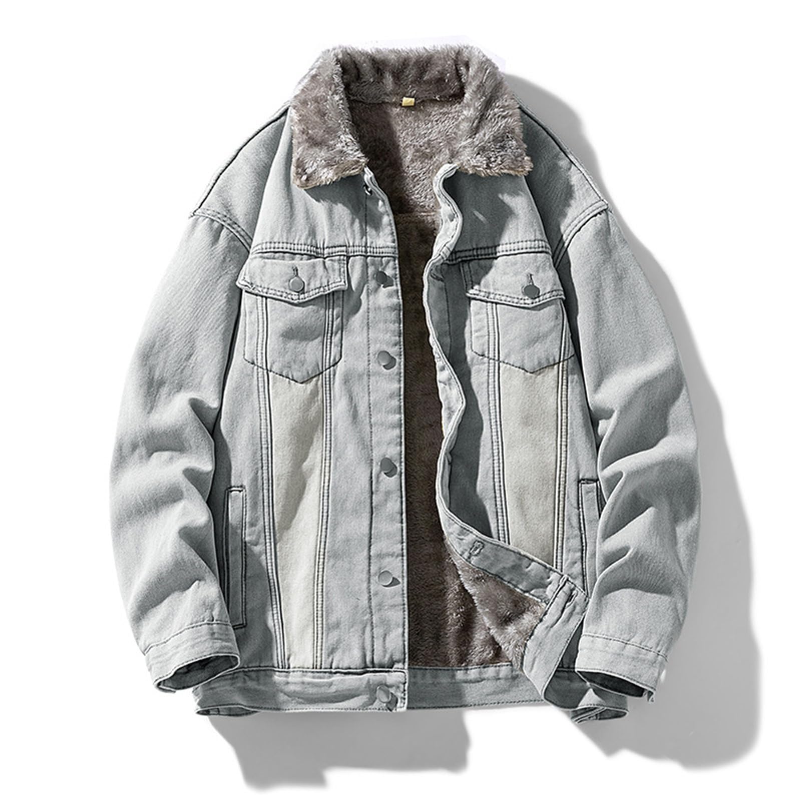 Generisch Chaqueta vaquera para hombre con forro de pelo de peluche y cuello – Chaqueta vaquera de invierno forrada en aspecto vintage | Cálida chaqueta de camionero para otoño e invierno