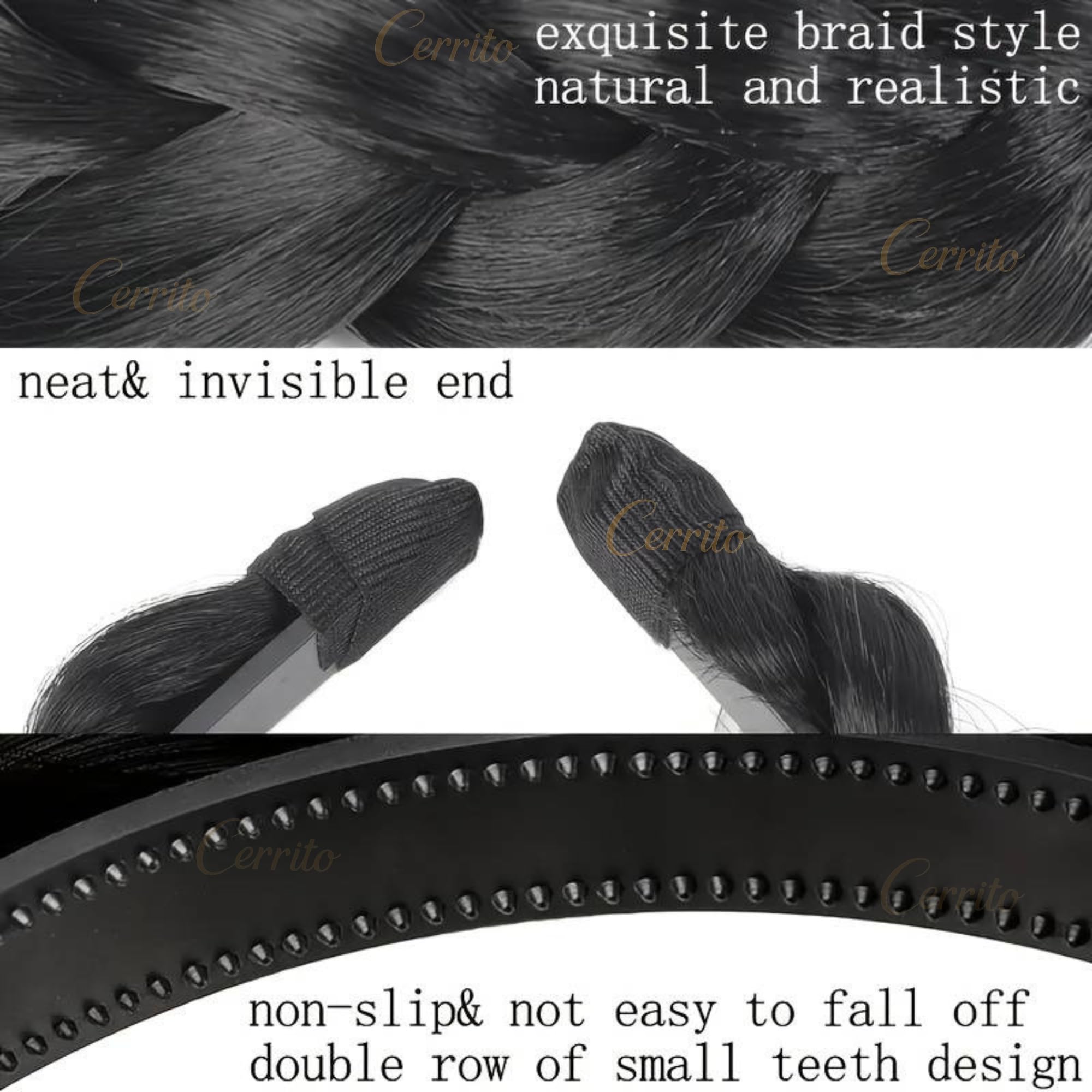 Cerrito Synthetic Braided Hair Headband Set of 2 | Plaited Wig Band with Teeth Hairband For Woman | Elastic Headband For Extension, Ponytails, Bun & Juda | Hair Accessories for Women & Girls (Black) 1